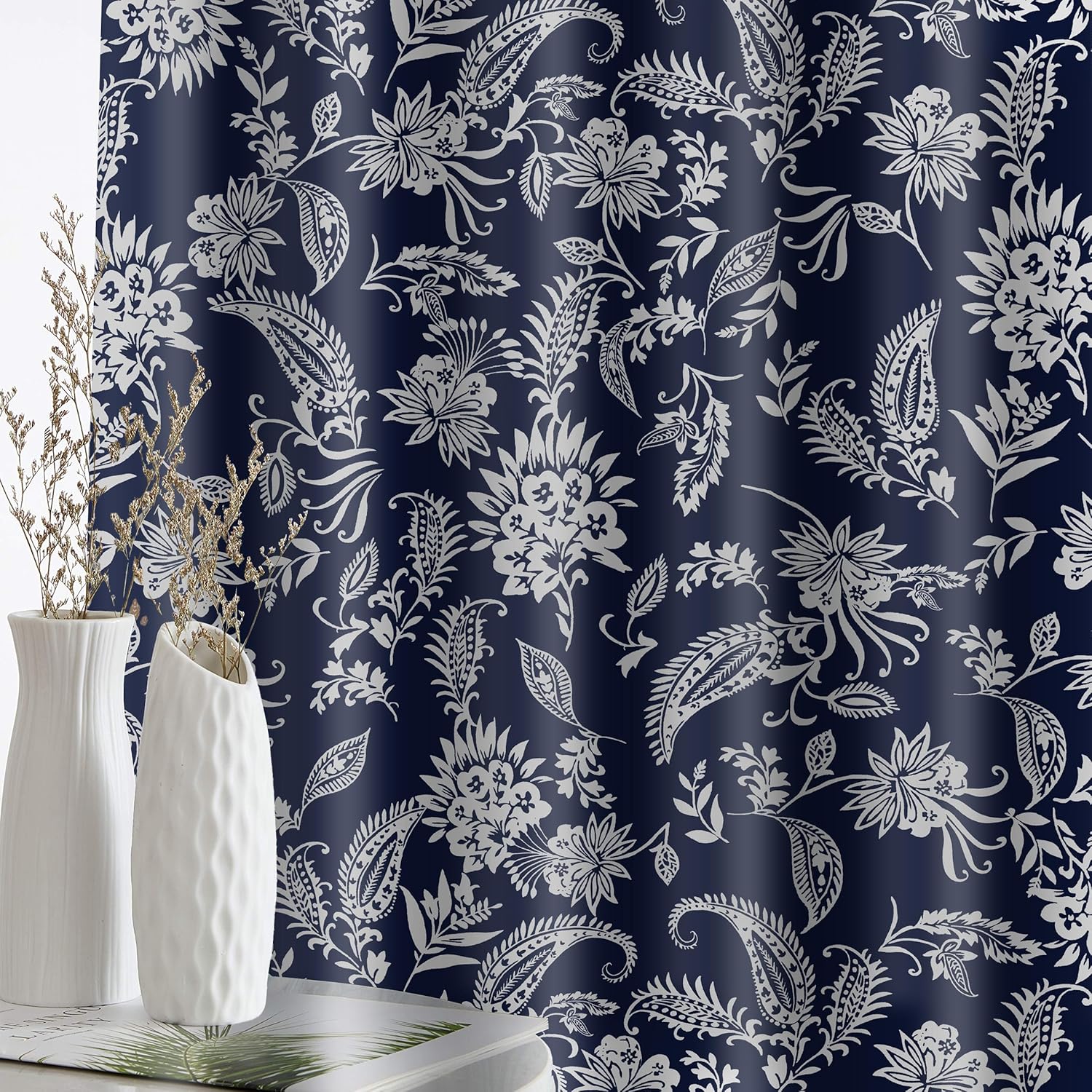 Paisley Floral Print Curtains Farmhouse Vintage Curtains for Bedroom 84 Inch Length 2 Panels Thermal Insulated Window Treatments Drapes for Living Room, 42x84 inches, Navy Blue and White