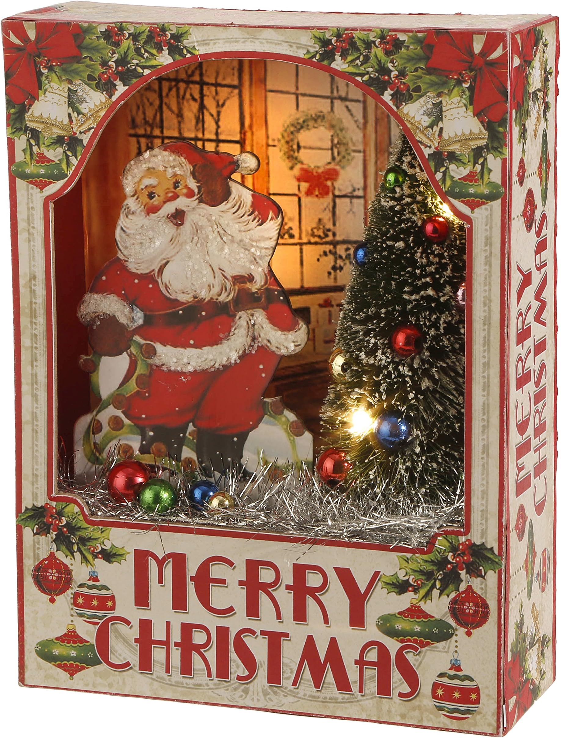 Raz Imports Merry Christmas Vintage Santa and Tree 8" Light Up Shadow Box