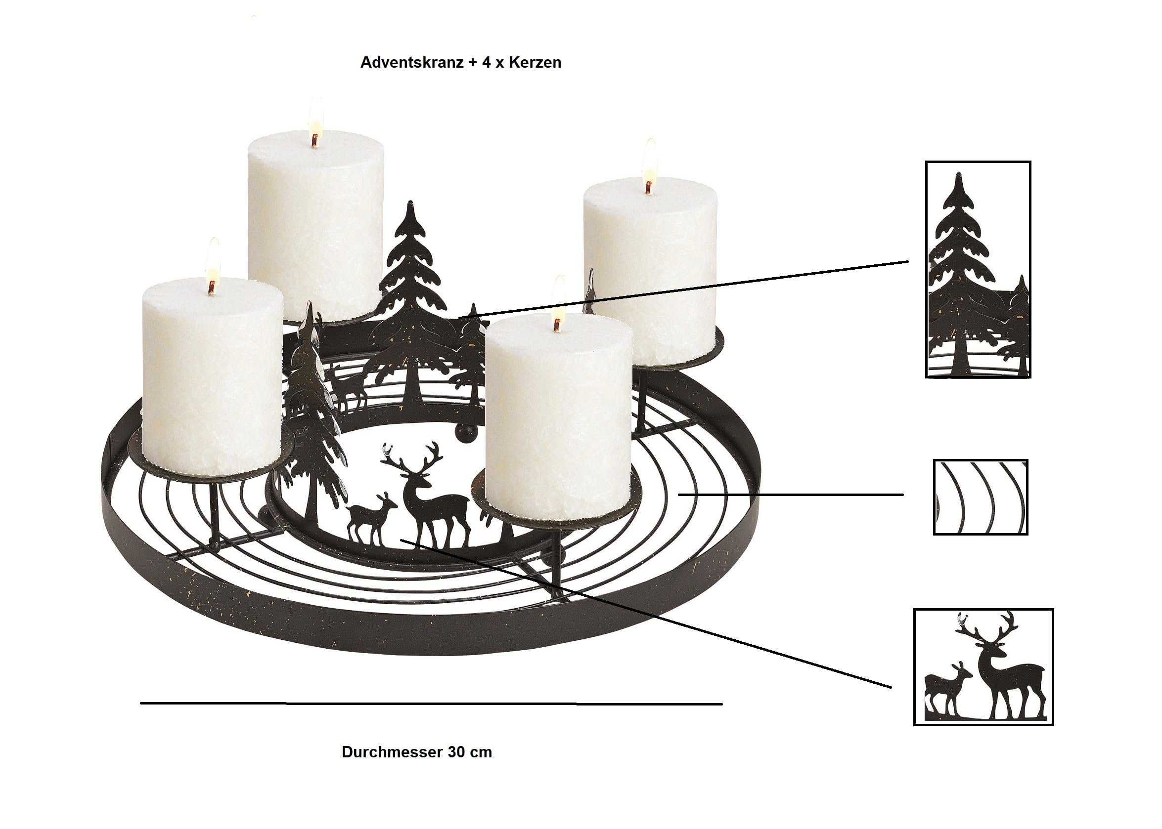 Adventskranz modern Metall mit + 4x Kerzen schwarz weiß rund | Schmucks HOME decona Gestell