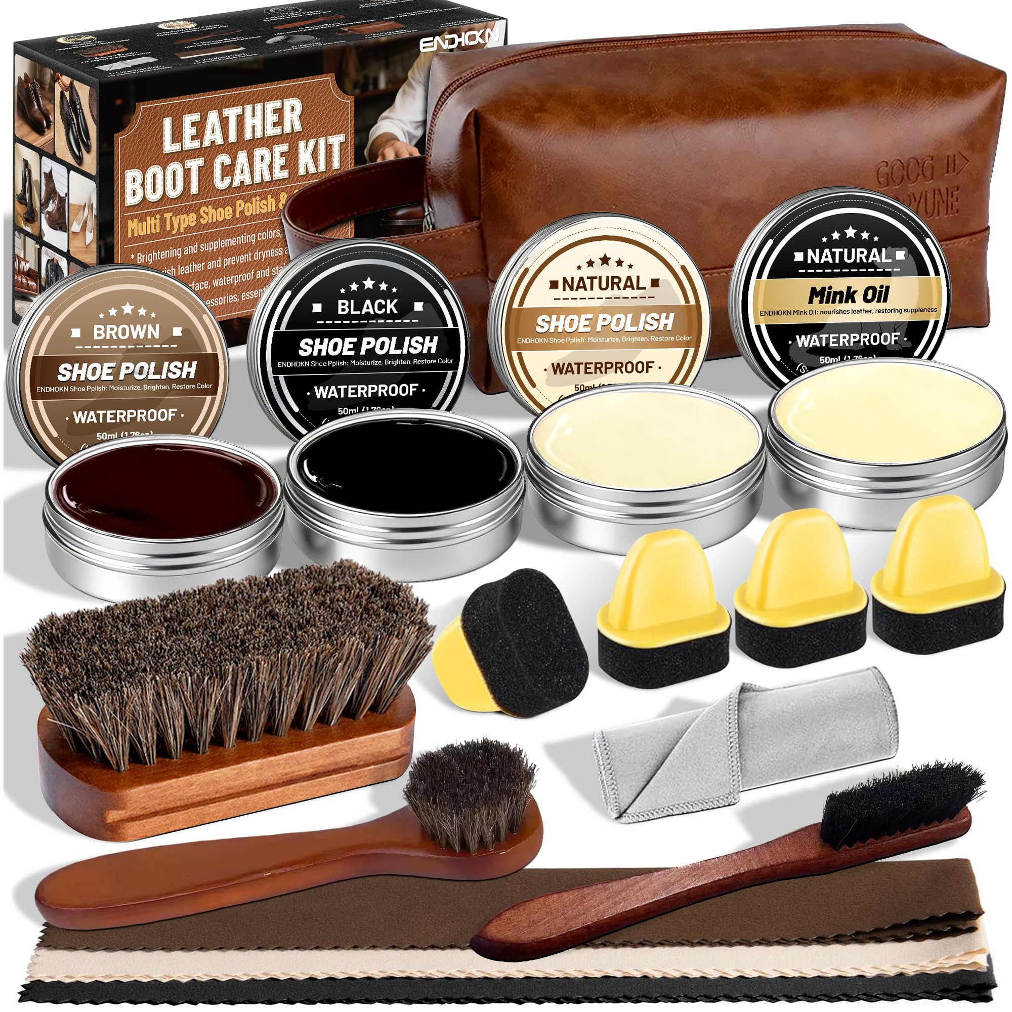 Endhokn Kit Entretien Chaussure Cuir 18PC, Cirages et Produits d'entretien Chaussures Huile de Vison, Neutre/Noir/Marron Cire à Chaussures, Brosses en Crin de Cheval, Kit Cirage Chaussure Cuir