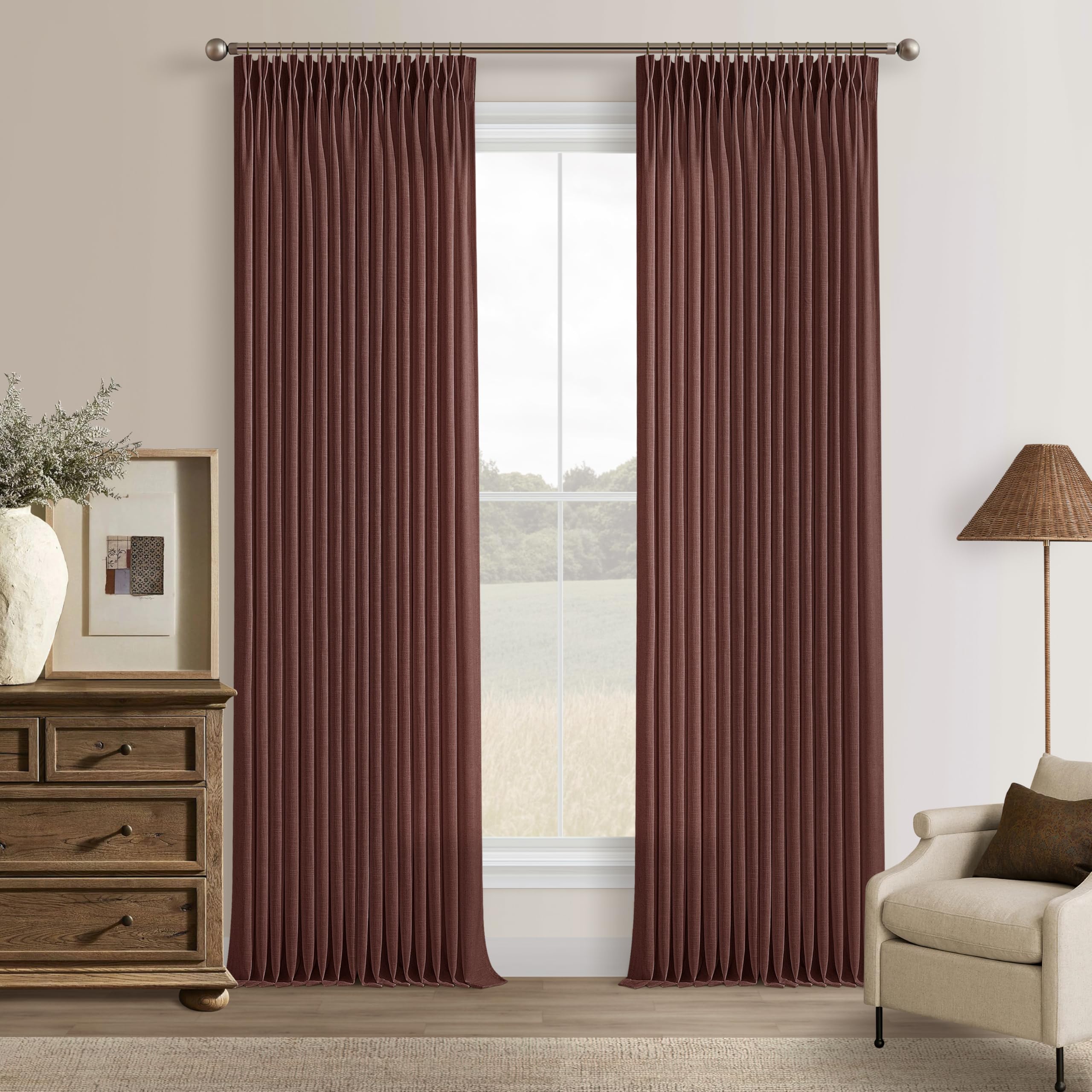 Photo 1 of Pinch Pleated Thick Linen Curtains 90 Inches Long for Living Room Bedroom Rustic Memory Shaped Semi Sheer Privacy Reddish Brown Pleat Drape Back Tab Light Filtering Patio Door Curtain 2 Panels 50x90