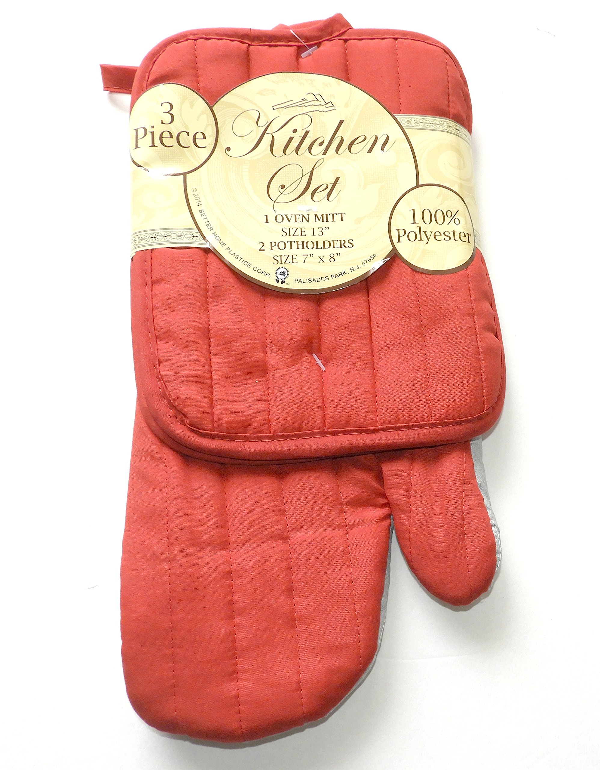 3 Piece Oven Mitt and 2 Potholder Set (Red)