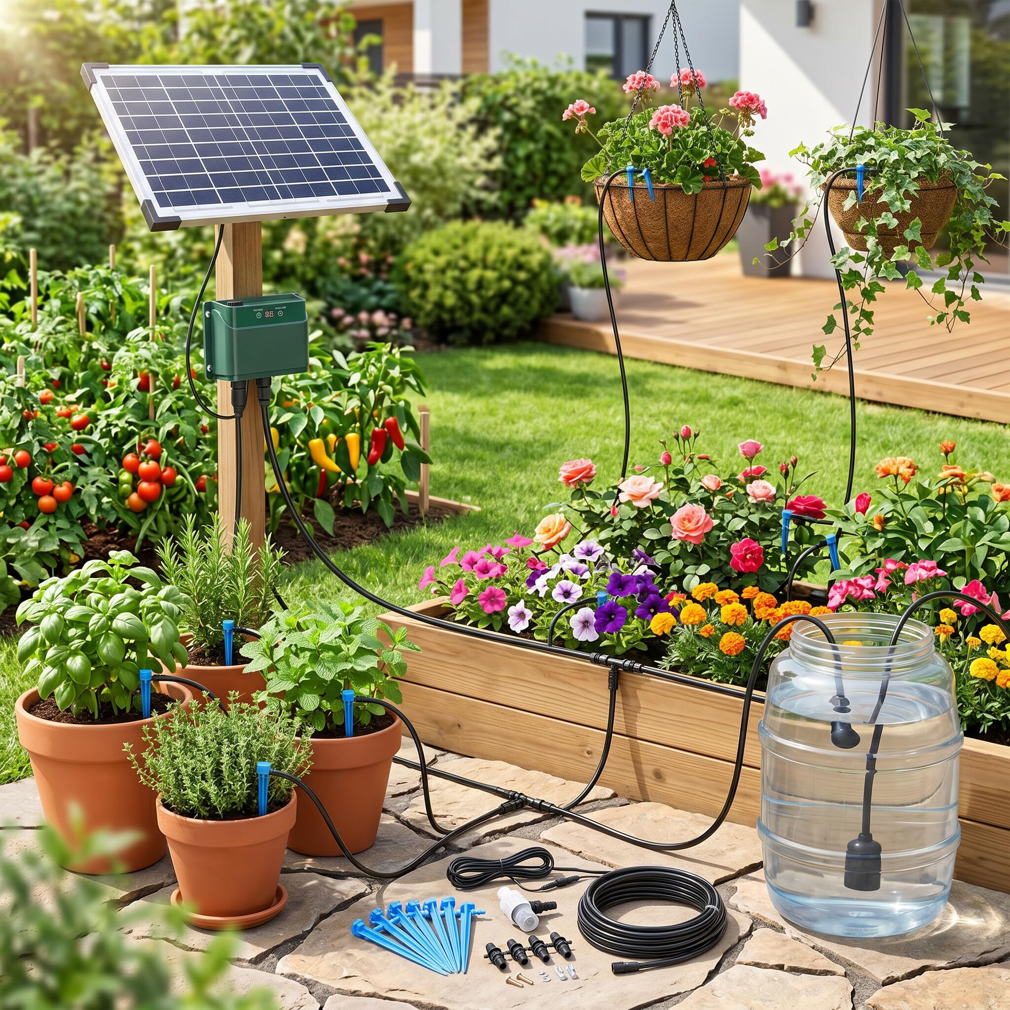 Qcwwy Kit di Irrigazione Solare Irrigazione a Goccia per Giardino nel Cortile Serra per Piante Giardino Esterno, Kit di Irrigazione a Goccia