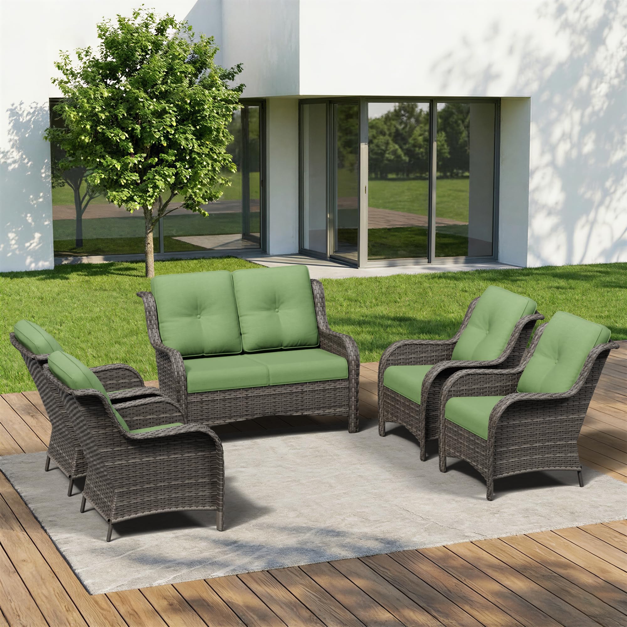 5 Piece Outdoor Wicker Patio Furniture Set, Patio Chairs Set with Thickened Olefin Cushions, High Back and Deep Seating, Hand-Woven PE Rattan for Porch, Deck