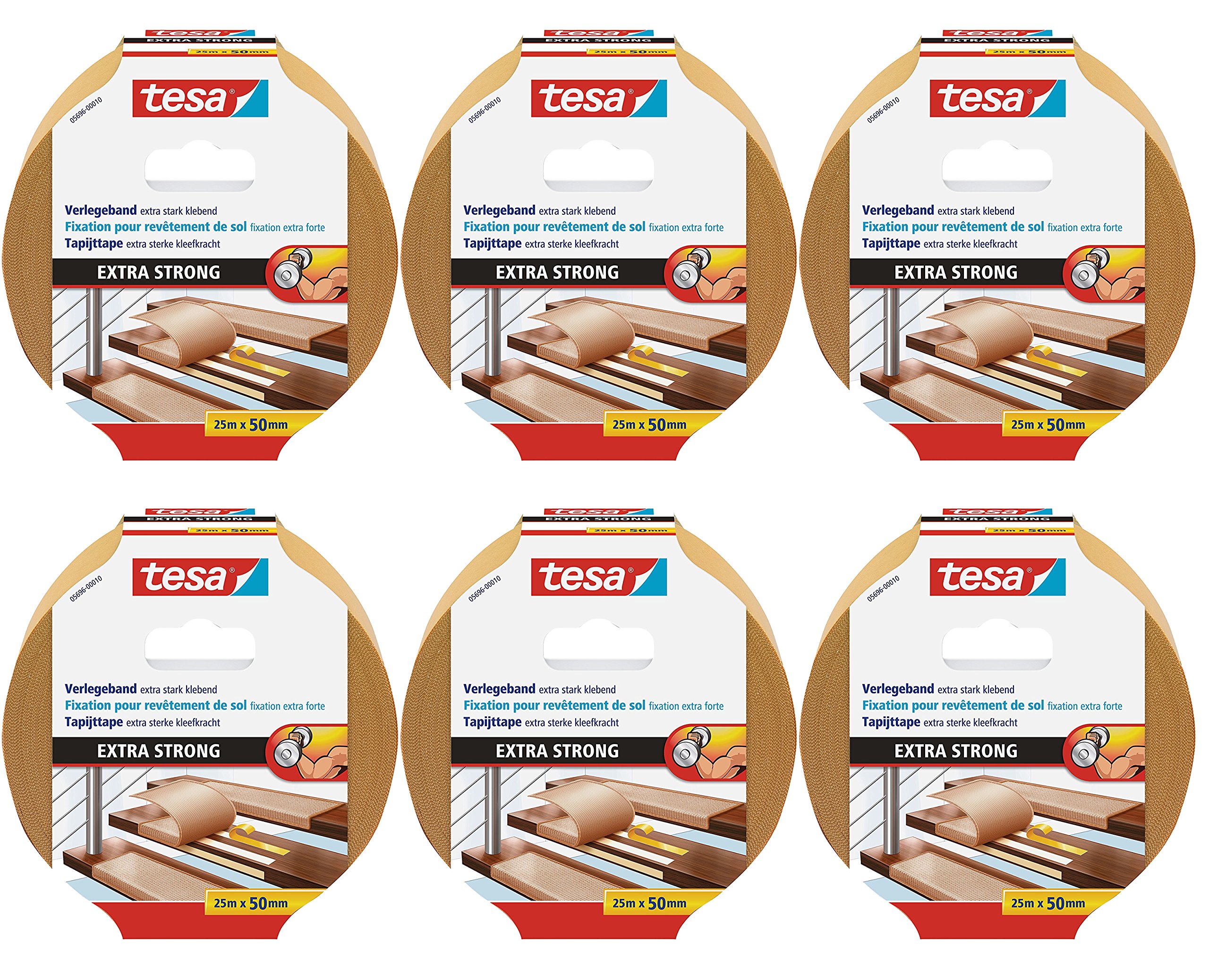 tesa 6 Stück doppelseitiges Verlegeband/Extra stark klebend - für alle Teppiche und PVC Beläge/Für Fußbodenheizung und feuchte Räume geeignet / 50mm x 25m