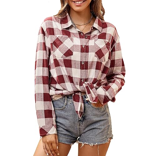 WARHORSEE Plaid Flannel Shirts for Women Long Sleeve, Loose Fit