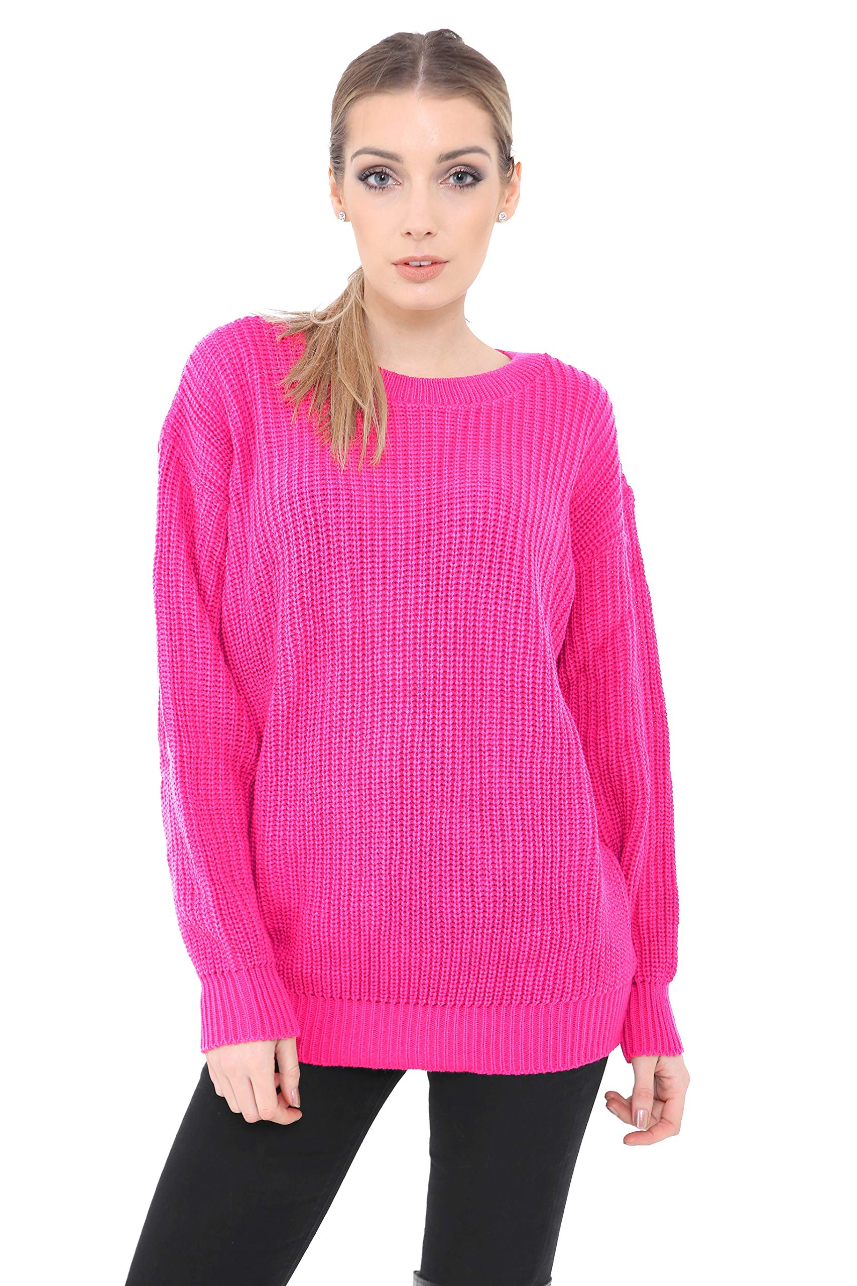 Ladies Women Knitted Long Sleeves Crew Neck Over Sized Baggy Jumper Chunky Knit Sweater Top Long Sleeves[Cyclamen,SM]
