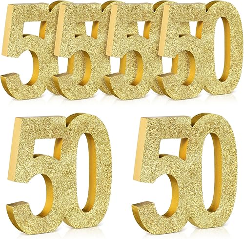 Miniatura 9 de Shellwei 6 decoraciones de cumpleaños número 50 para hombres y mujeres, decoraciones de 50 aniversario, purpurina dorada número 50, decoración de