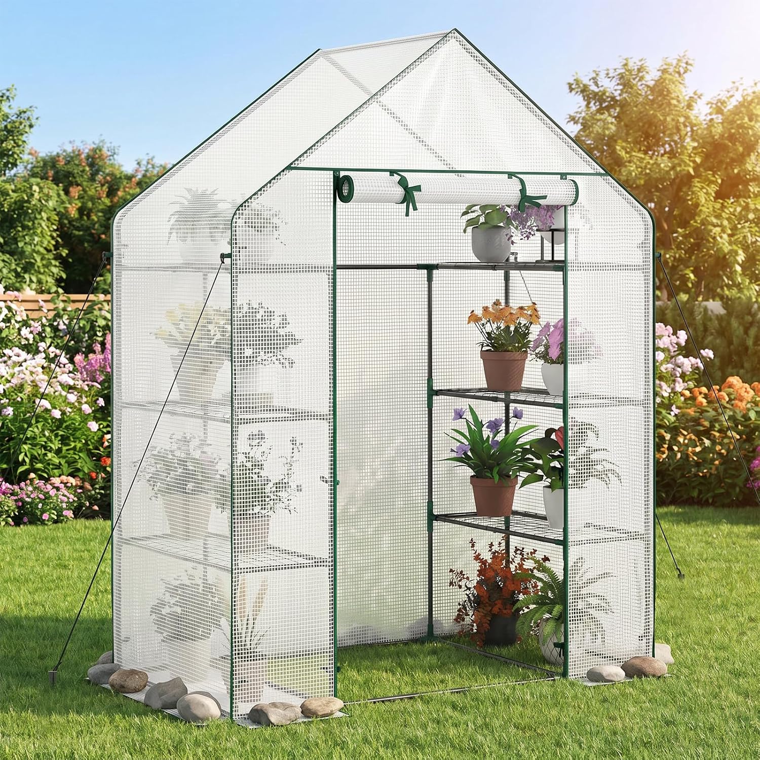 Giantex Walk-in Greenhouse, 4 Tier 8 Shelves, Portable Plant Garden House Indoor Outdoor Mini Growing House for Herb Flower Succulent, Zipped Door, Metal Frame (Clear)