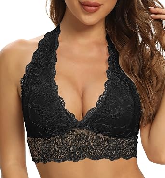 SHEKINI Women Floral Lace Bra Padded Breathable Bralette Halter Bra Wire Free Racerback Bra