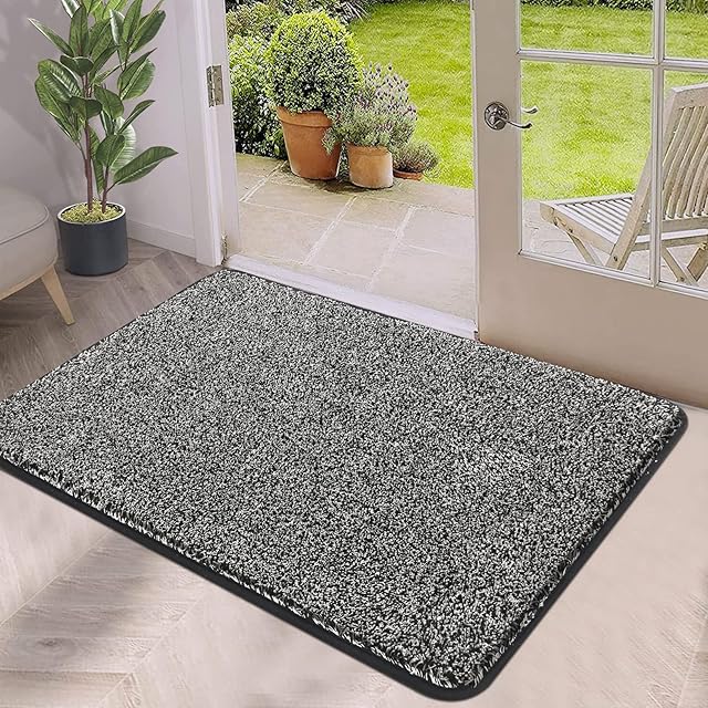 Pauwer Inside Floor Door Mat Machine Washable Mud Dirt Trapper Doormats Waterproof Heavy Duty Indoor Outdoor Barrier Mat (60X90cm, Black)