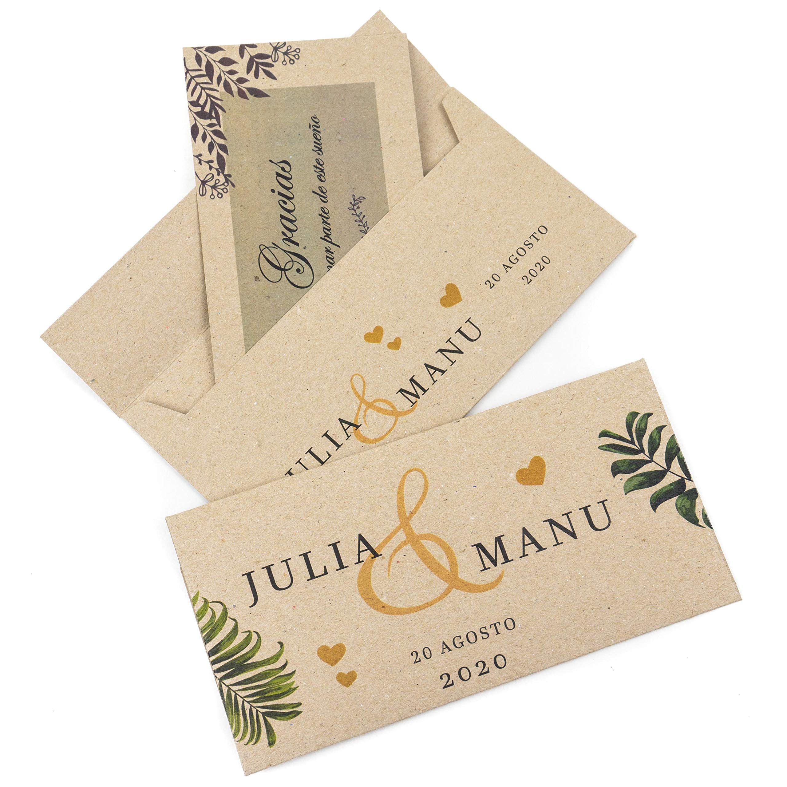 50 Sobres Invitación Boda Personalizados Originales + 50 hilos yute, impresos a medida con nombres, Papel reciclado kraft - 11x17,5 cm, para tarjetas, felicitaciones e invitación