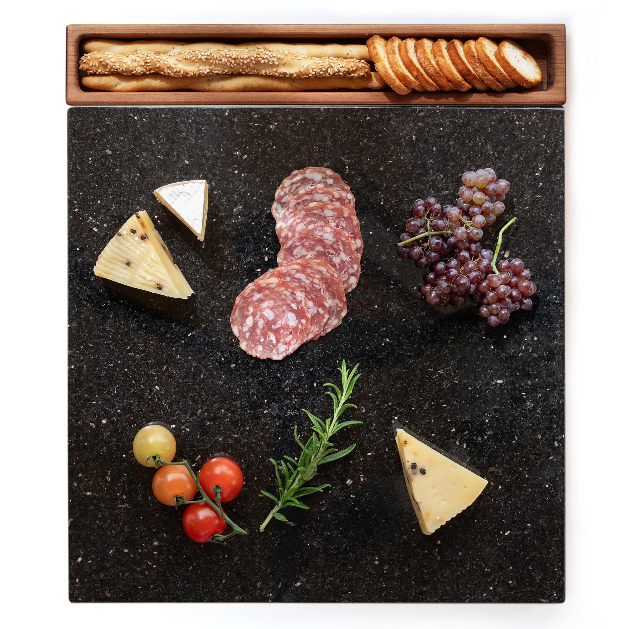 Natural Stone Cheese and Charcuterie Board 16" x 14" (Black Galaxy Granite) with Wooden Tray - Gift for Weddings, Bridal Showers, Anniversaries, Housewarmings, Hostess, Thanksgiving, Entertaining