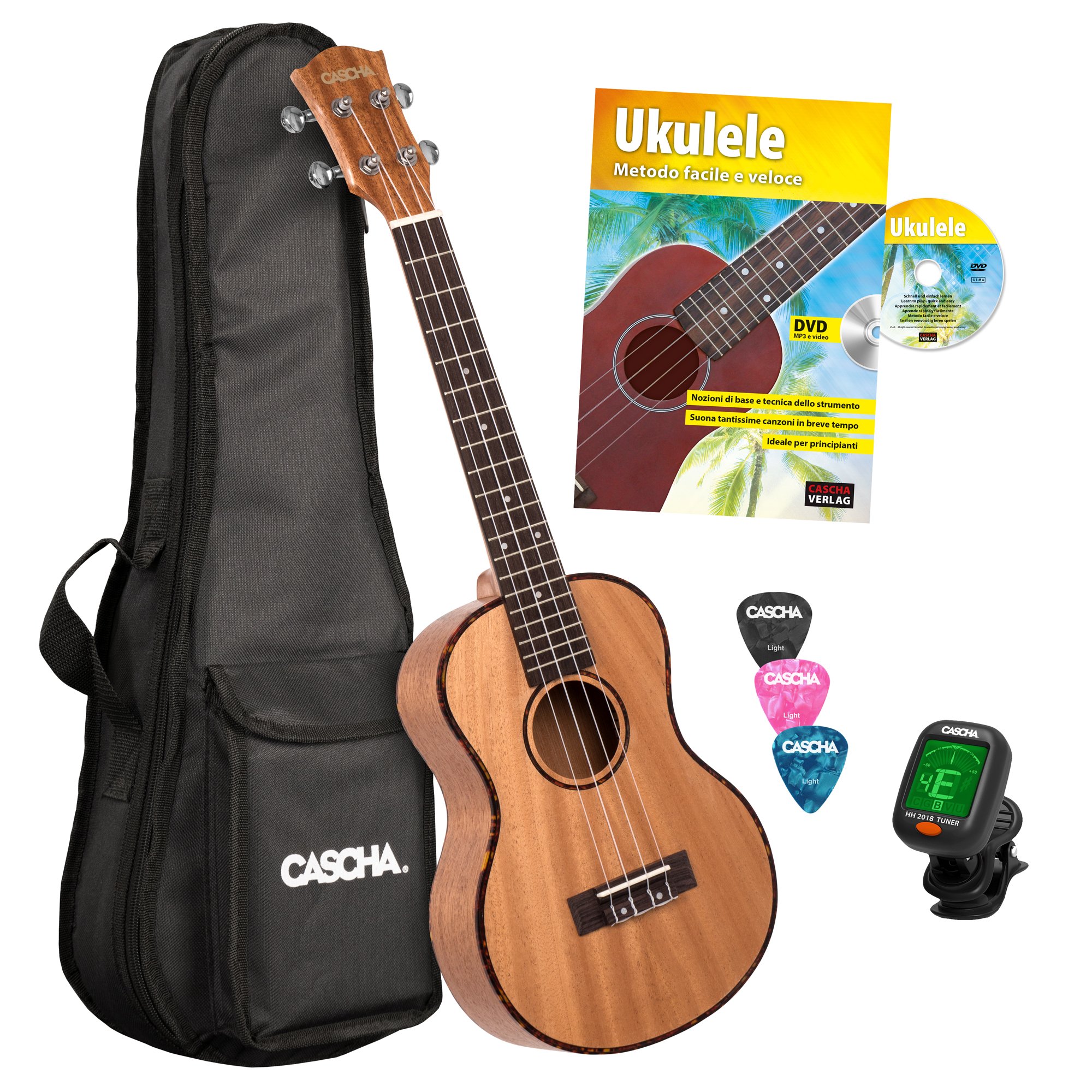 Cascha Tenor Ukulele Set I Ukulele Starter Kit mit 3 Plektren Tasche Stimmgerät & italienischem Lehrbuch I Tenor Ukulele Mahagoni I Kleine Hawaii Gitarre für Anfänger & Fortgeschrittene