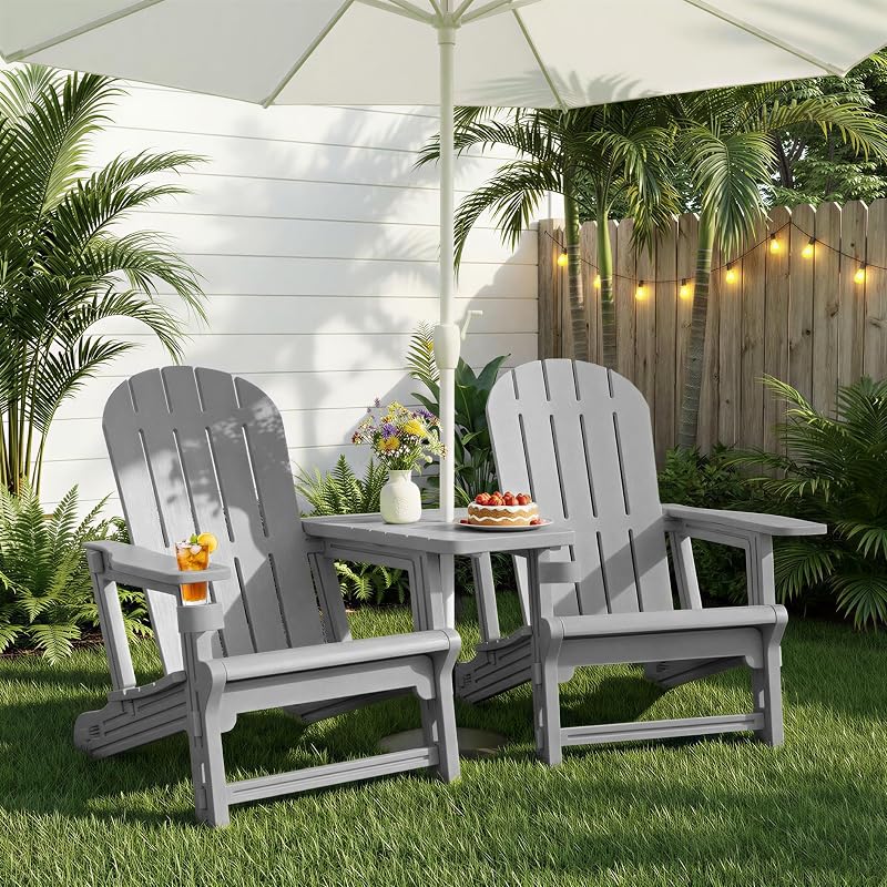 JY QAQA Outdoor Adirondack Chair Set of 2, All-Weather HDPE Patio Furniture with Detachable Table, Wood Texture & Cup Holder for Patio, Poolside, Garden, Light Grey image 7