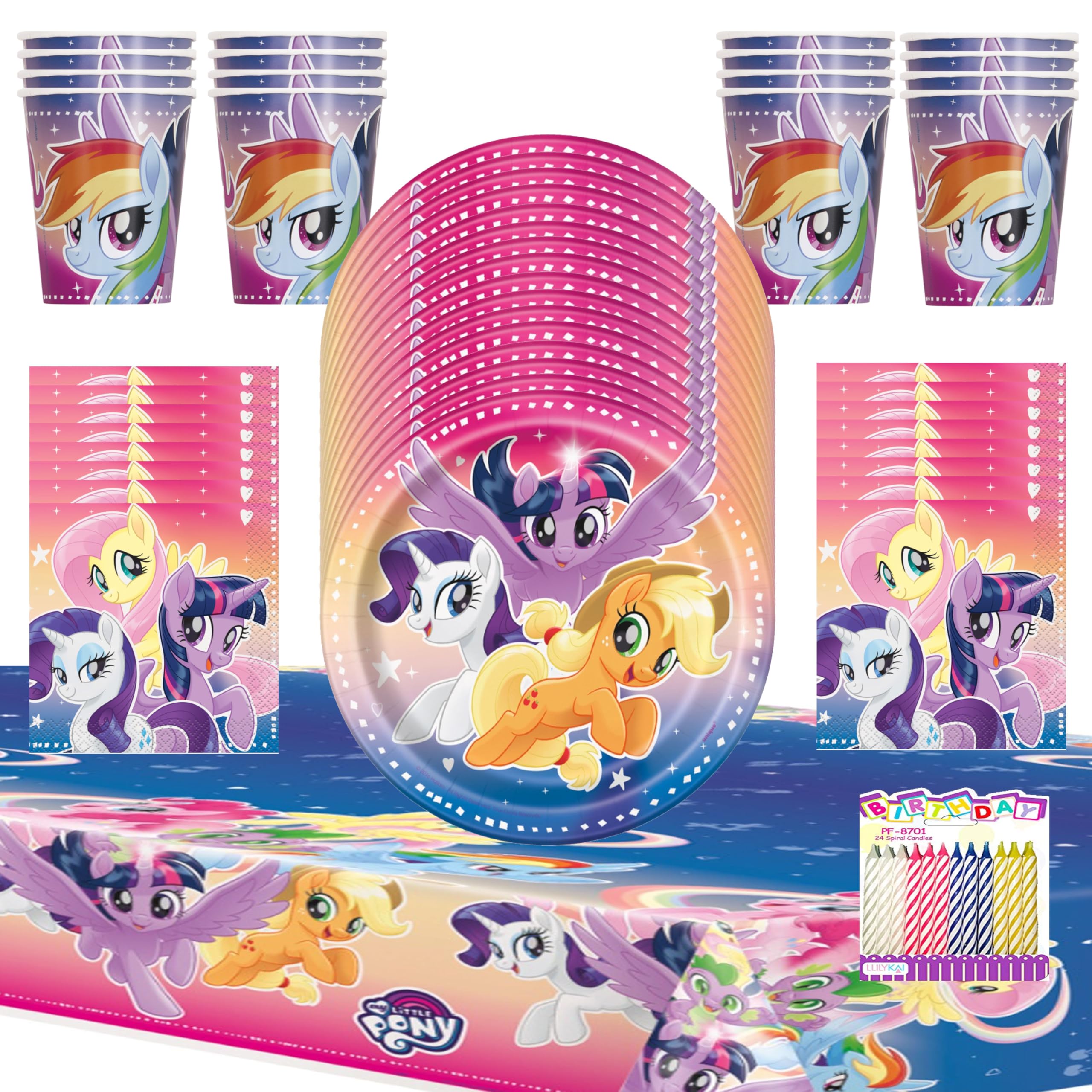 My Little Pony Party Supplies Pack for 16 – Includes 7" Dessert Plates, Beverage Napkins, Cups, Table Cover and Birthday Candles in 4 Colors – My Little Pony Themed Birthday Party Bundle