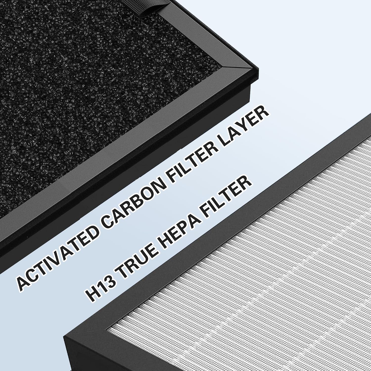 Close-up view of the activated carbon filter layer and H13 True HEPA filter layer.