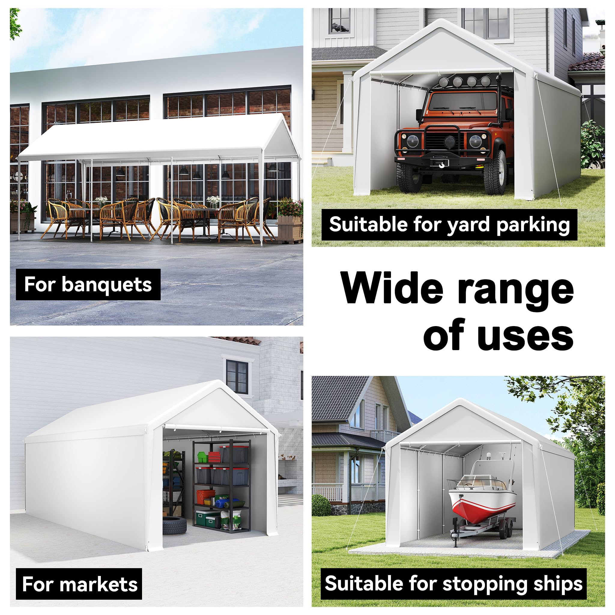 LZQ Tente de garage, 3 x 6 m, avec bâche en polyéthylène, renforcement du toit, parois latérales amovibles, cadre de sol, abri robuste pour voiture, SUV, camion (blanc)