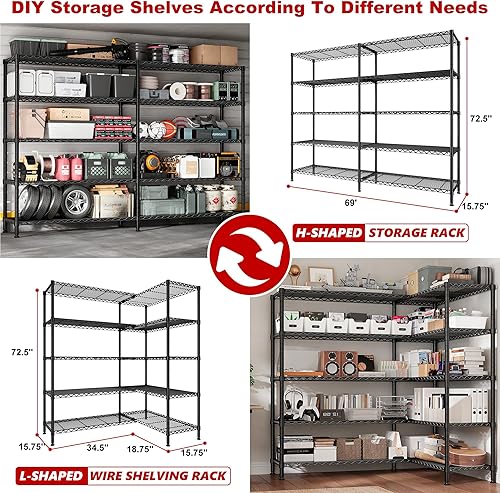 Miniatura 3 de REIBII Estantes de almacenamiento de 69 pulgadas de ancho, estantes de metal con carga de alambre de 1600 libras para almacenamiento, estantería