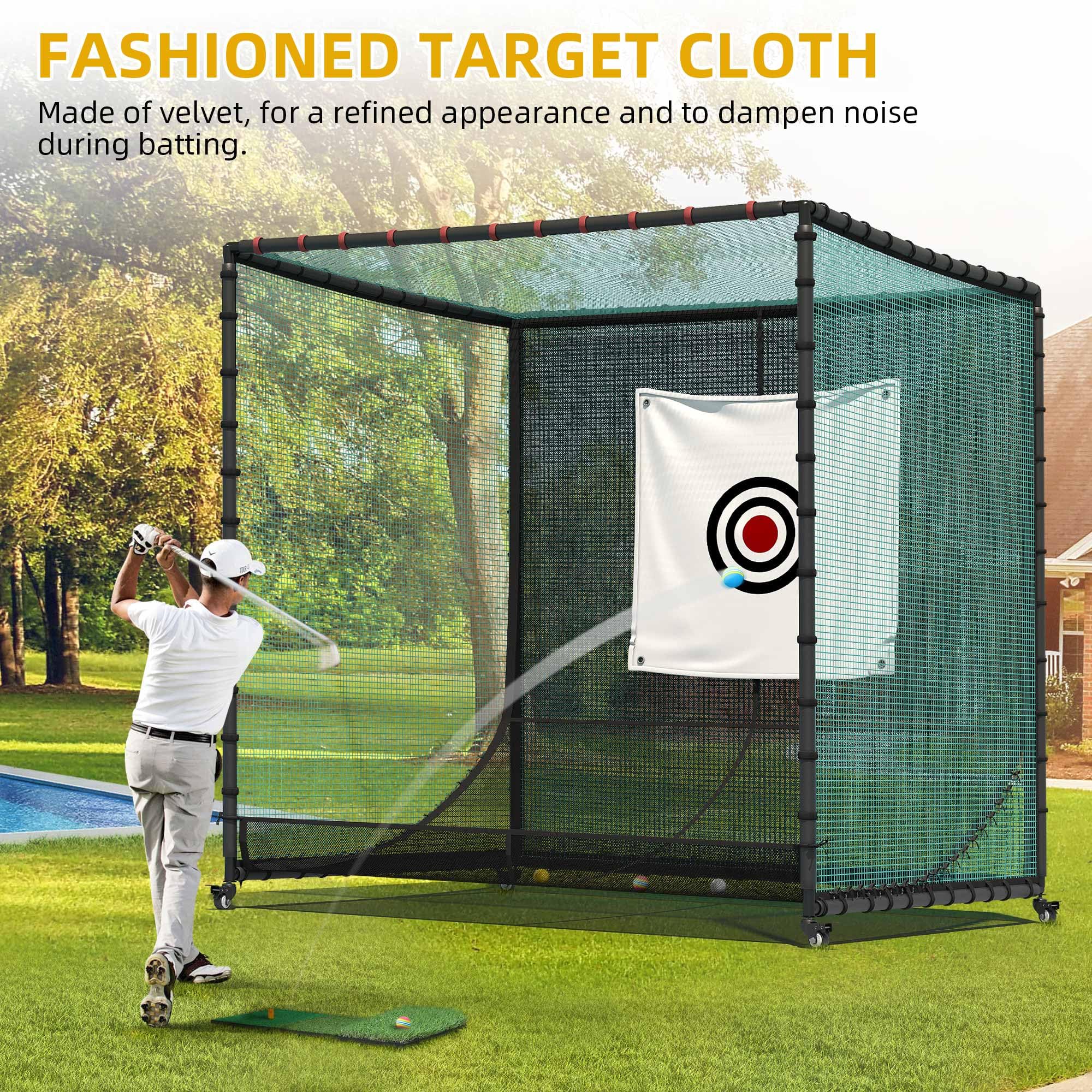 Shopsource 10x10x10Ft Golf Cage with Ball Return Net and Wheels, Metal Frame, Rubber Hose, Golf Hitting Net for Indoor Outdoor Lawn Practice Movable (with 1 Hitting Mat 6 PU Balls 1 tee)