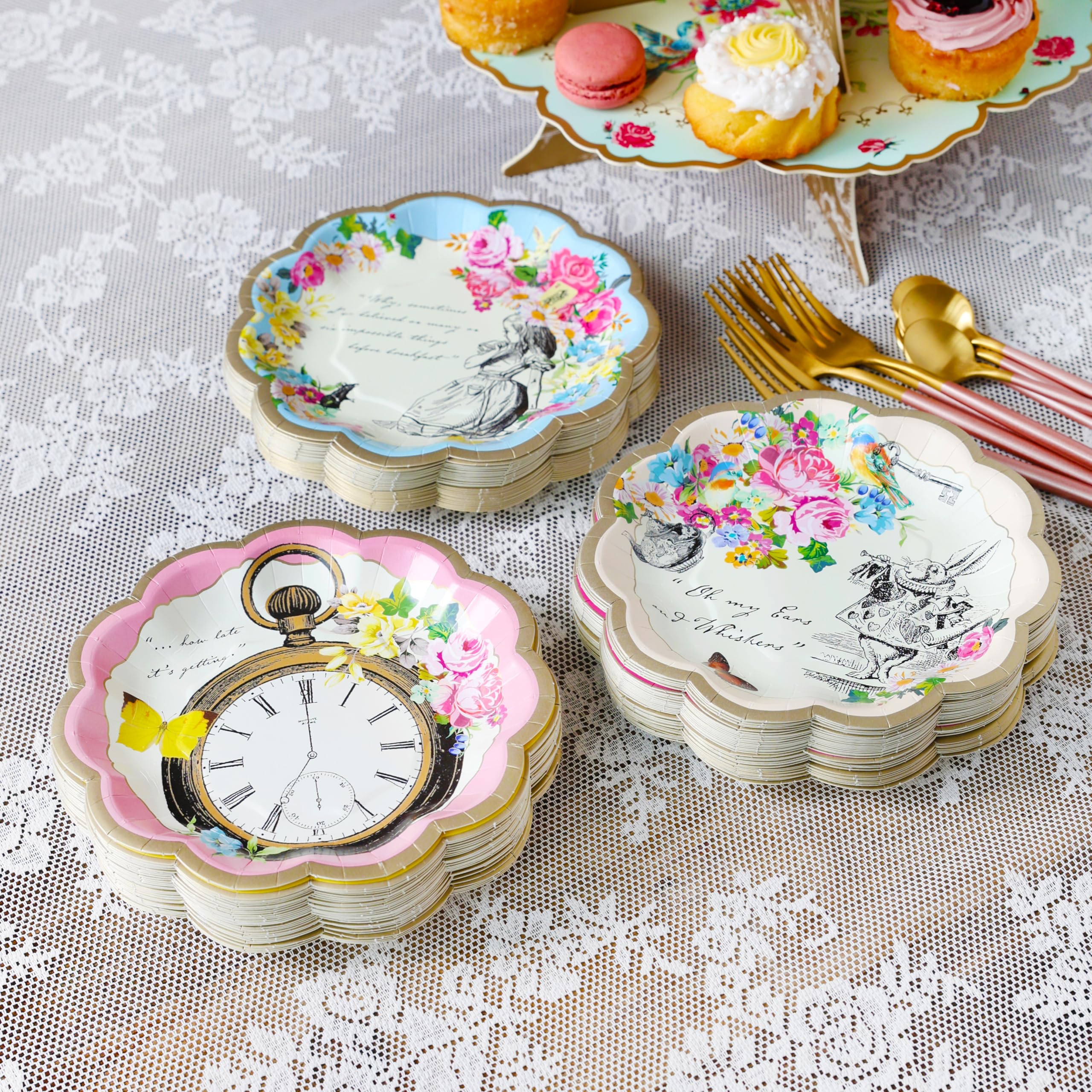 Talking Tables 60 x Alice in Wonderland Themed Disposable Paper Plates Supplies for Mad Hatter Tea Party, Birthday, Baby Shower, Mother's Day, 17cm