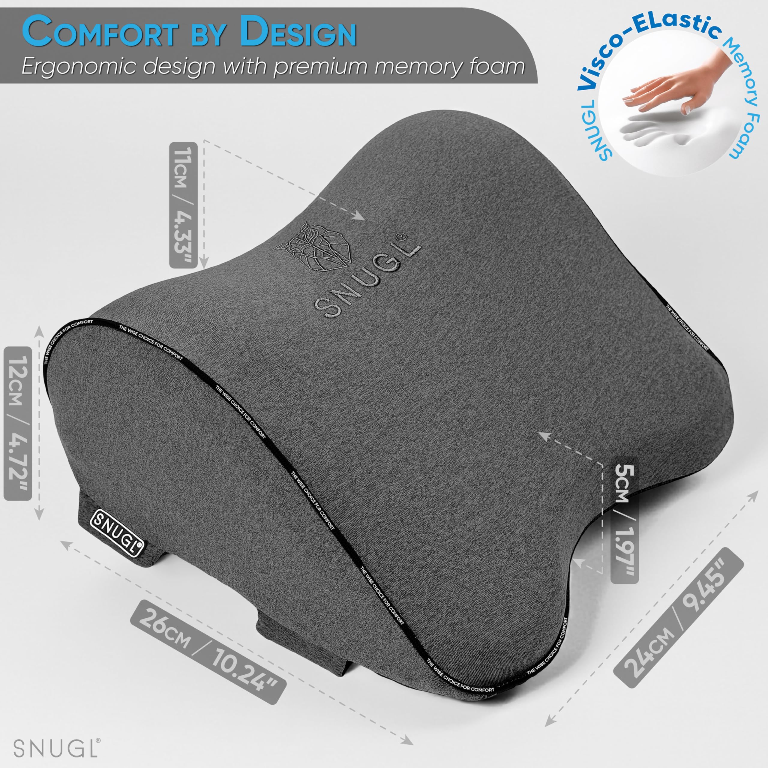 SNUGL Almohada Cervical para Coche | Cojín Reposacabezas de Espuma Viscoelástica | Soporte para Cuello, Cabeza y Hombros | Cojín de Viaje Ergonómico (Gris)