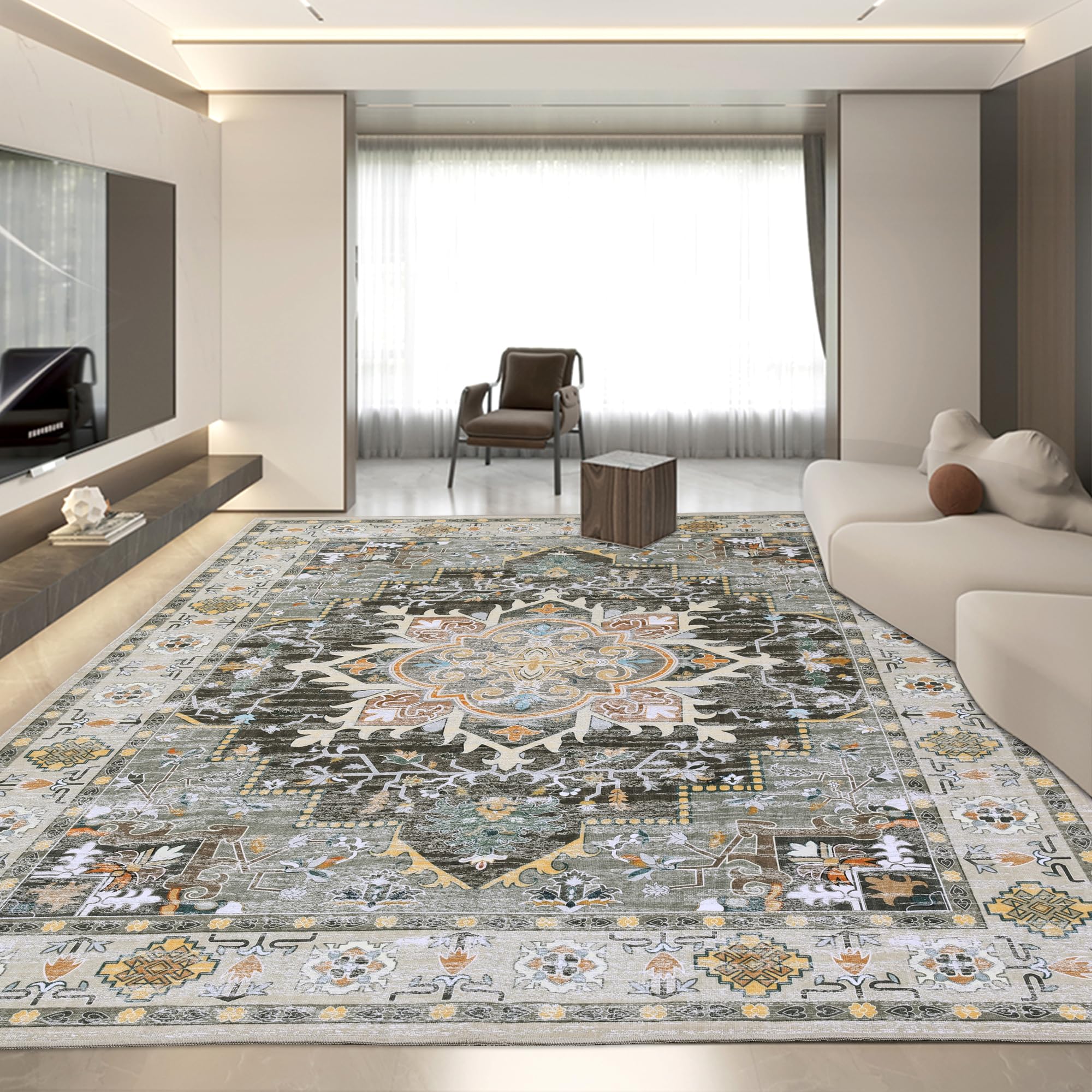 HOMBYS 10x14 Vintage Area Rug for Living Room Bedroom, Large Boho Floor Carpet with Non-Slip Backing for Indoor Office Dining Room, Traditional Home Deco Non-Shedding, Machine Washable