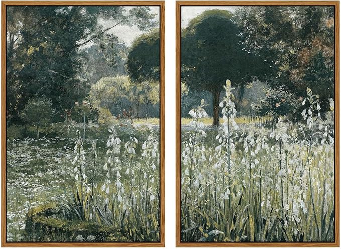 InSimSea 2 Pcs Framed Wall Art Vintage Decor, Vivid Greens Countryside Paintings Above Bed Wall Decor, Canvas Prints, Living Room,Bedroom,Office Retro Farmhouse Decorations, 16x24inch, Set of 2