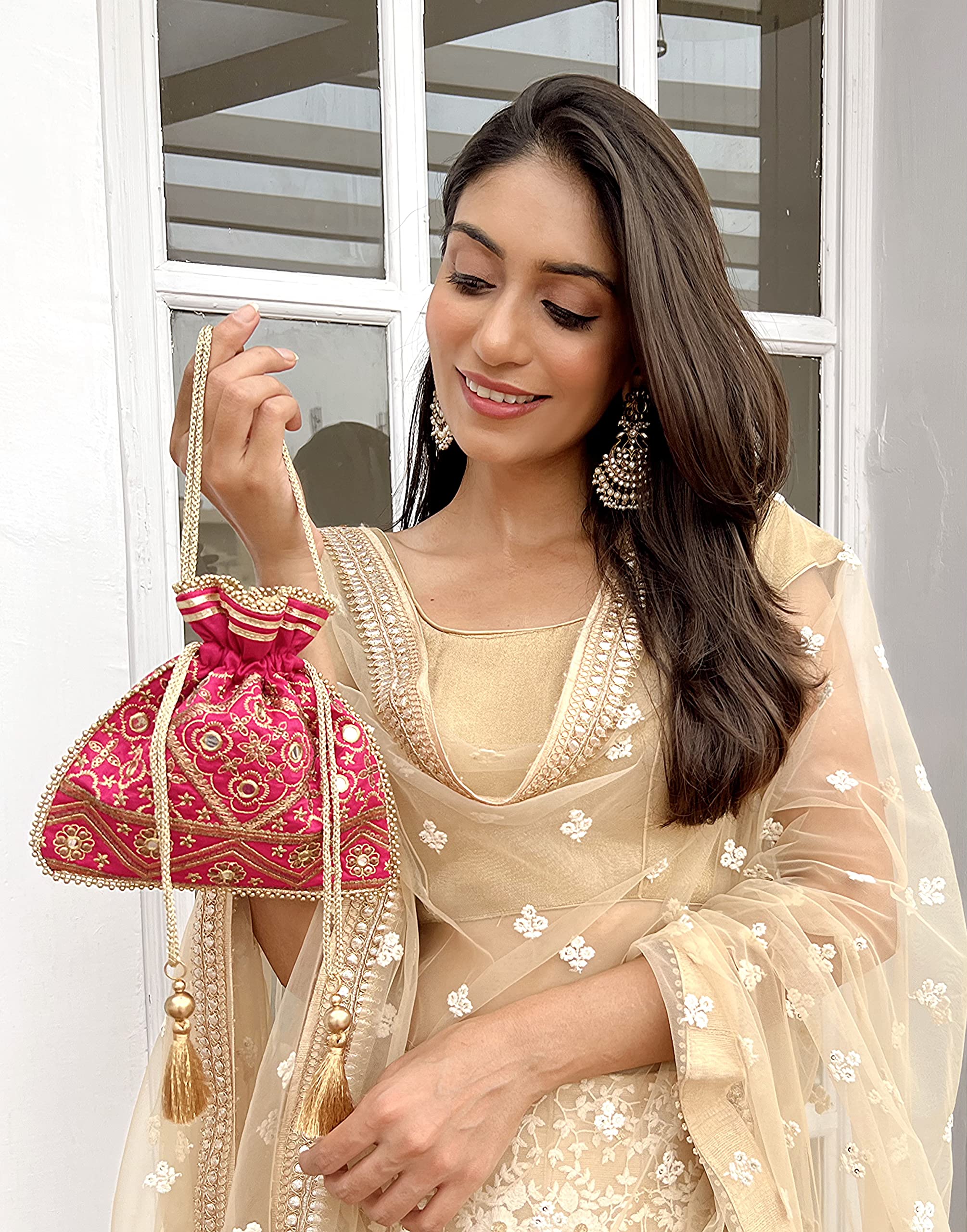 MASQ Women's By Q-One Embroidered Silk Potli Bags - Handcrafted For Weddings, Festive Season & Special Occasions With Beads And Sequins - Made In India, Pink 4