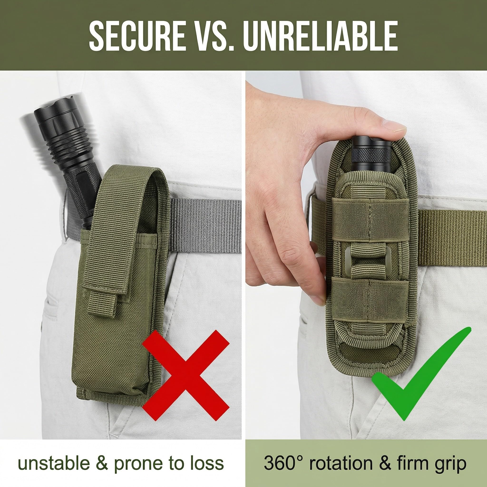 1 Pz Porta Torcia Cinturone Verde, Supporto Torcia Elettrica Fondina Elastica Nylon, Clip Cintura Girevole 360 Gradi, Adatto Torcia Lancette