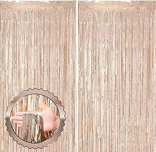 2 Pack Champagne Gold Tinsel Foil Fringe Curtains, Champagne Party Decorations, Metallic Tinsel Party Streamers Backdrop for Birthday Baby Shower Graduation Wedding Party Decorations