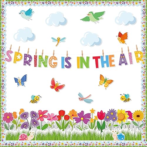 Miniatura 1 de AsodSway 119P Spring is in The Air - Recortes para tablón de anuncios, decoración de aula, flores de primavera, césped, cerca, nube, pájaros,