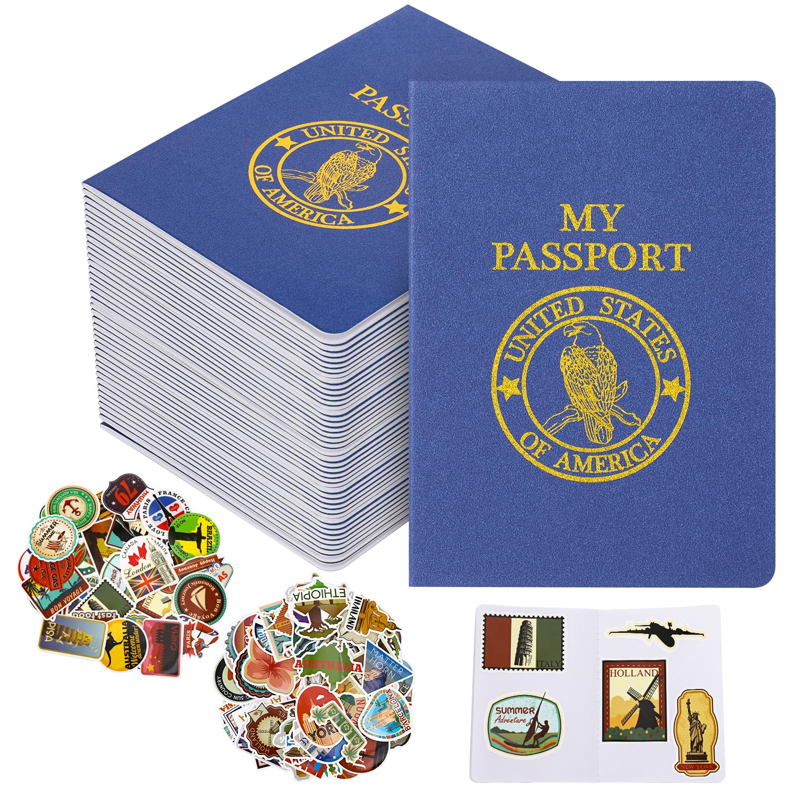 40 quaderni vuoti per passaporto, 400 adesivi per diario di viaggio, passaporto finto per bambini, 14 x 9 cm, bomboniere per bambini, scuola, viaggi, giochi, premi