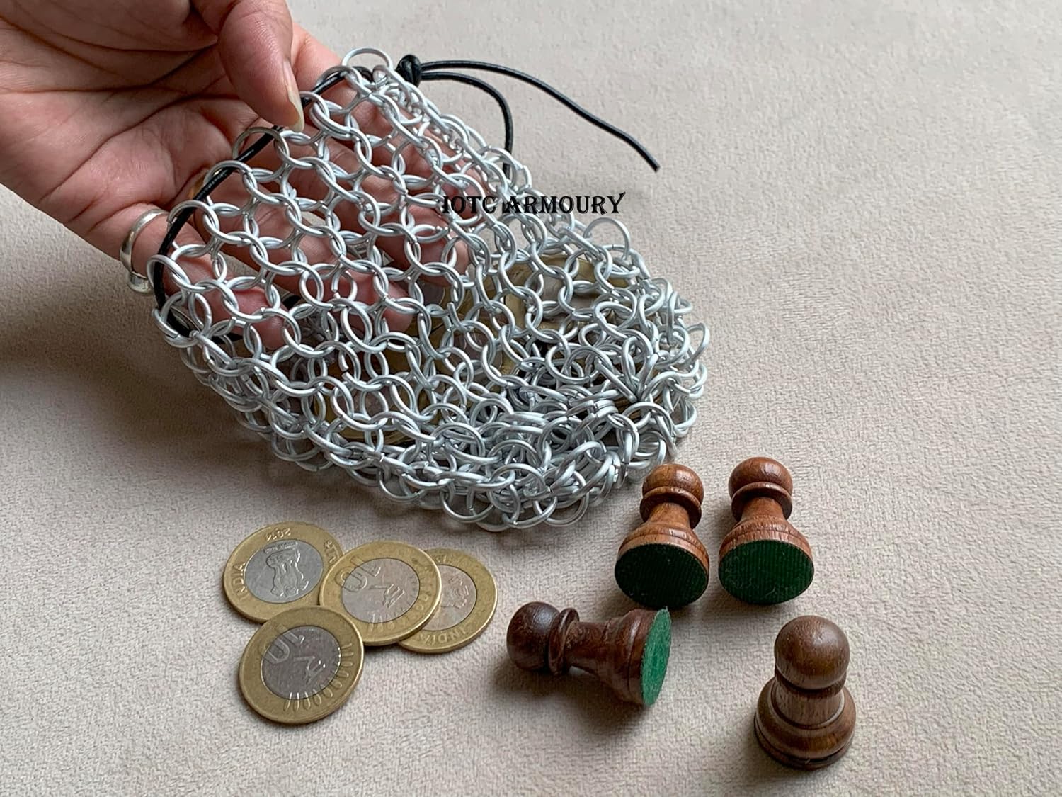 Generic Medieval Chainmail Dice Bag Handmade Aluminum Gaming Dices Mini Chain Mail Drawstring Accessories Belt Pouch for LARP, Renaissance Games Activity, silver