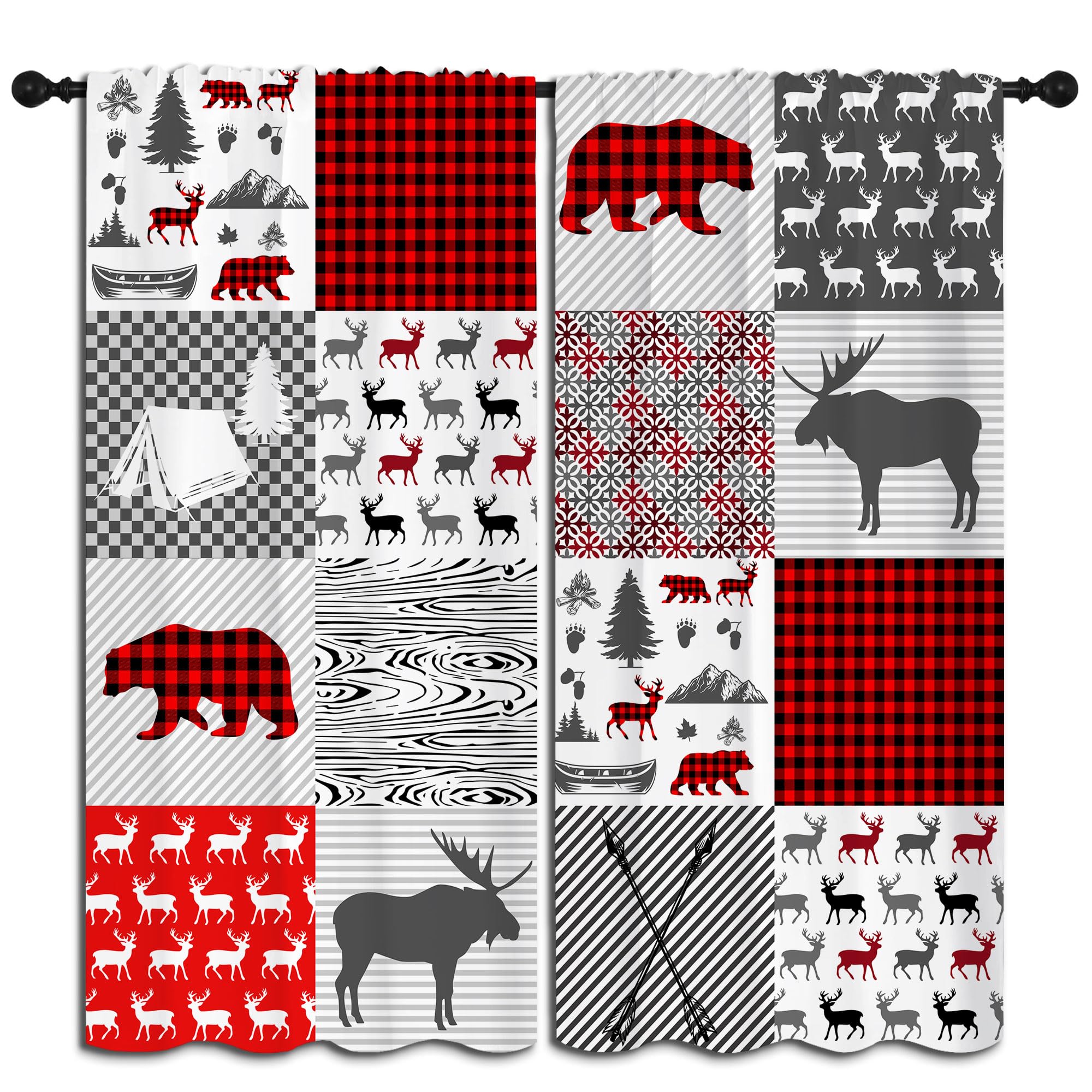Red Black Plaid Bear Rod Pocket Blackout Curtains for Boy Girl Bedroom, Christmas Wild Animal Rustic Cabin and Moose Energy Efficient Home Window