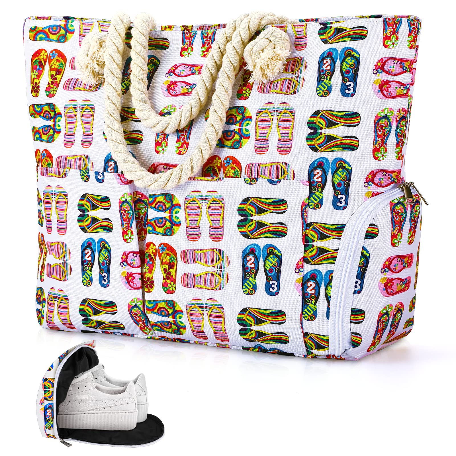 AuniqBolsa de playa extra grande impermeable para mujer, bolsa de hombro de lona de verano con cremallera y compartimento para zapatos bolsas de mujer esenciales para vacaciones para viajes gimnasio