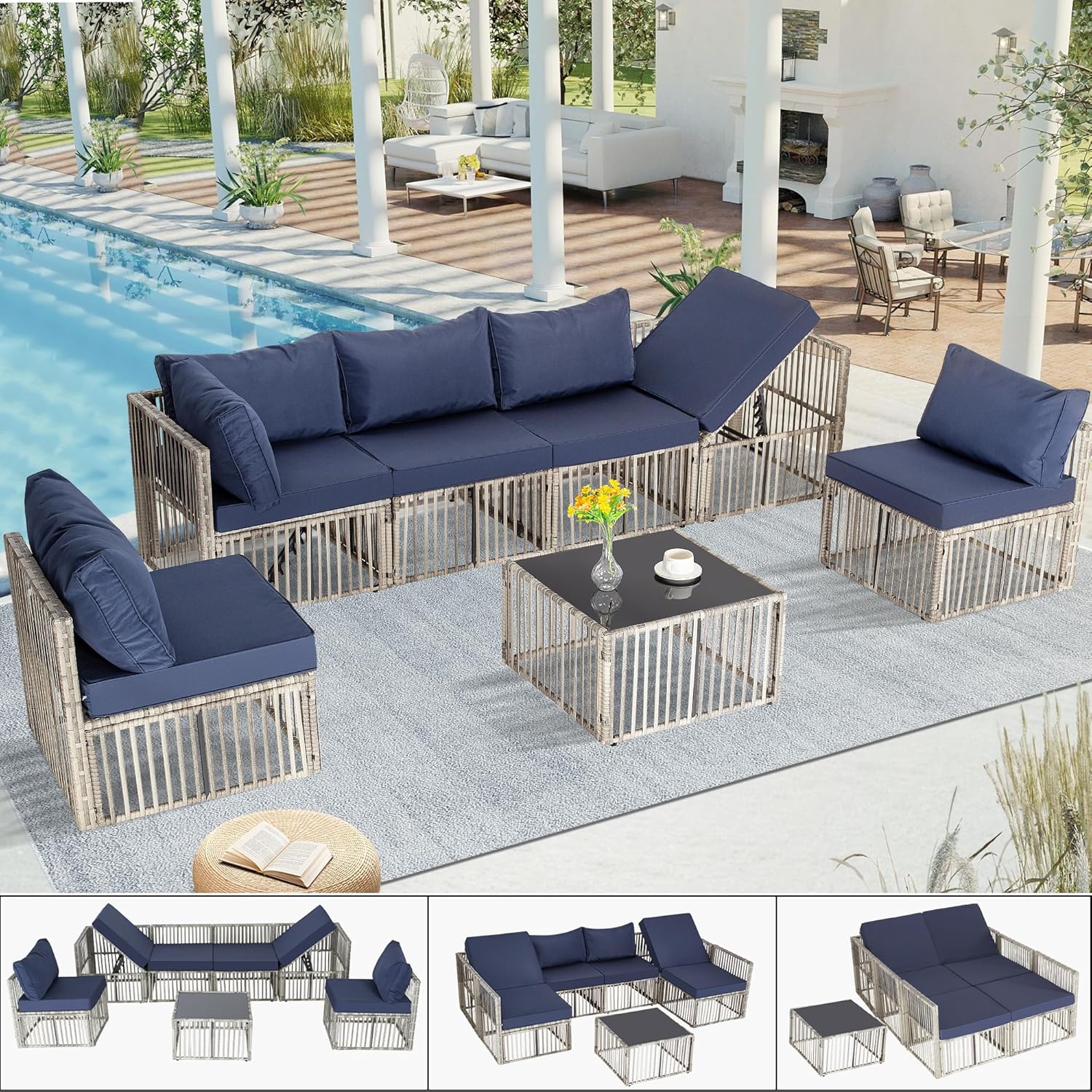 7 Pieces Outdoor Patio Furniture Set, Wicker Outdoor Sectional Conversation Couch Set with Adjustable Backrest Sofa, Thick Cushion & Coffee Table for Garden, Porch, Poolside, Grey/Blue