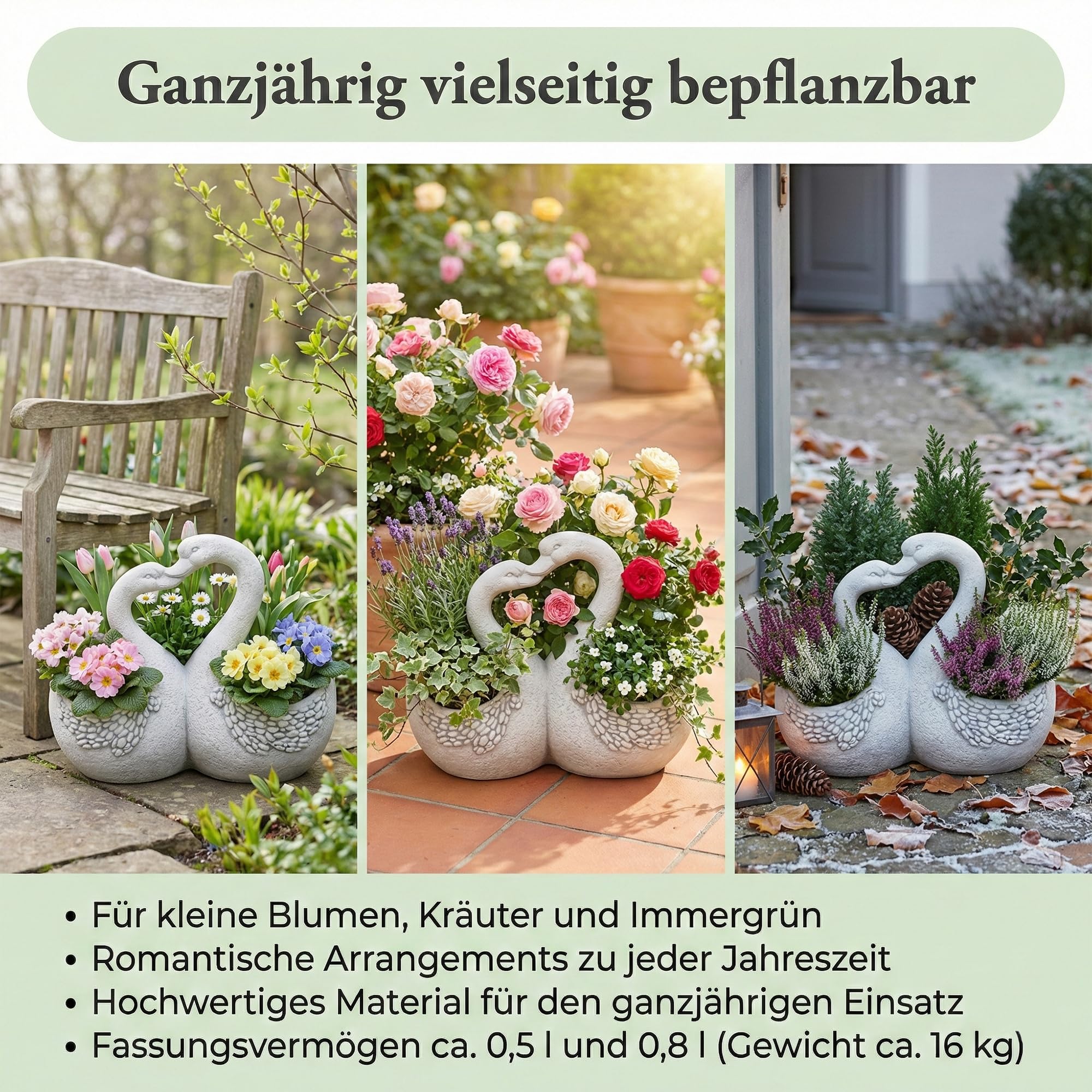 gartendekoparadies.de Gartenfigur Liebevolle Schwäne mit Blumentopf, Pflanzgefäß aus Steinguss, 0,5 & 0,8 Liter, 16 kg, Grau, frostsicher für Außenbereich