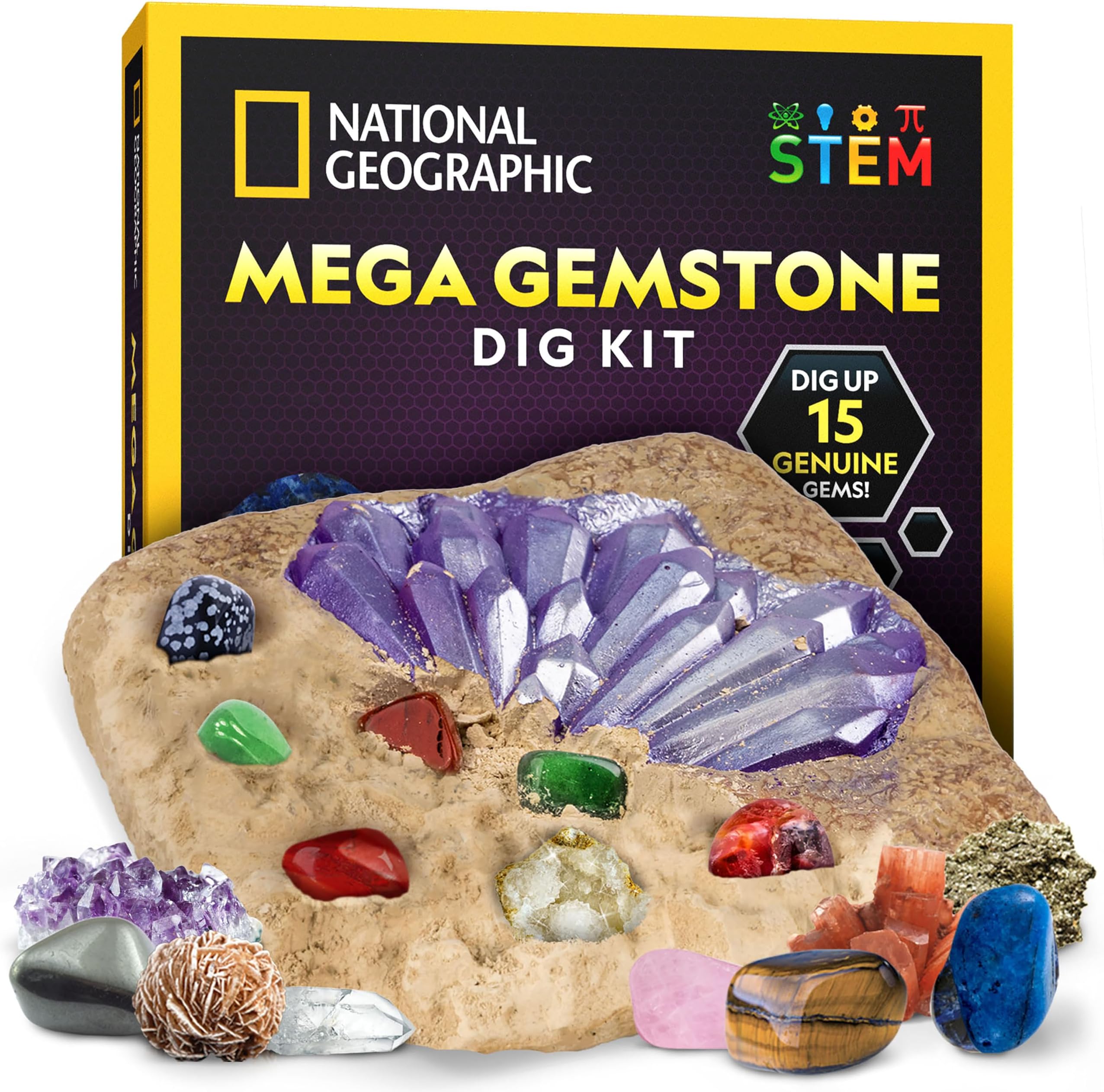 NATIONAL GEOGRAPHIC Mega Gemstone Dig Kit – Dig Up 15 Real Gemstones and Crystals, Science Kit for Kids, Gem Digging Kit, Gift for Girls and Boys, Mining Kit, Rock Collection