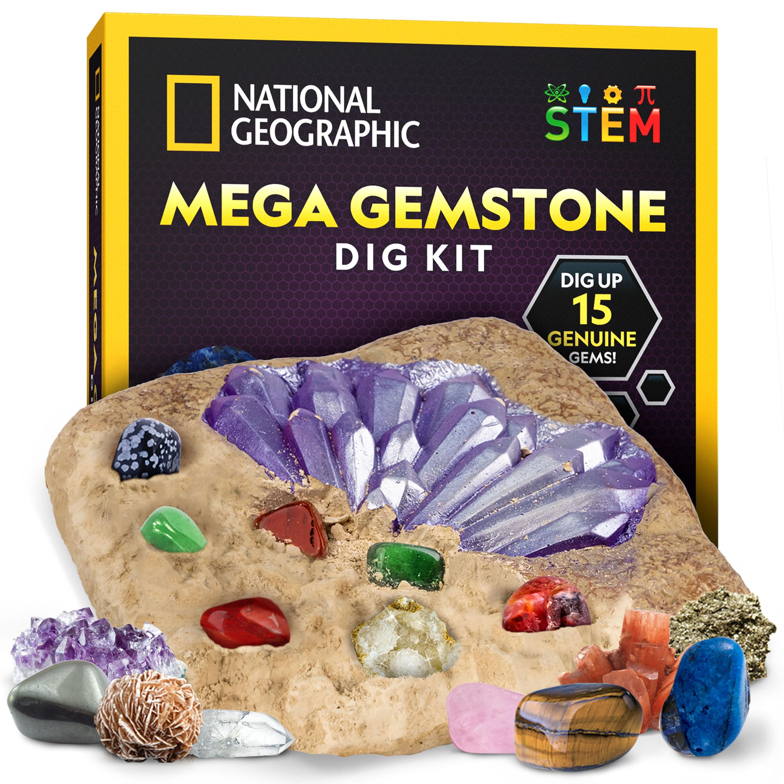 NATIONAL GEOGRAPHIC Mega Gemstone Dig Kit – Dig Up 15 Real Gemstones and Crystals, Science Kit for Kids, Gem Digging Kit, Gift for Girls and Boys, Mining Kit, Rock Collection