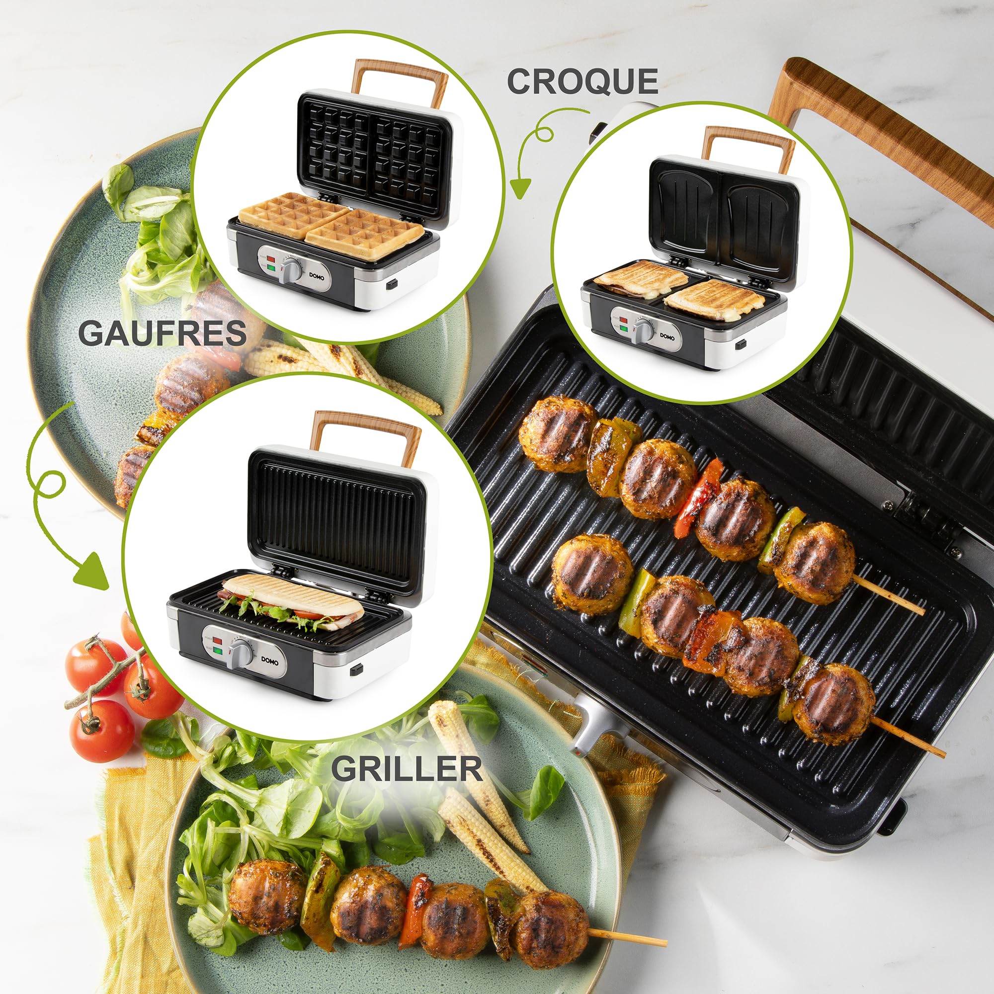 DOMO DO9277C Snackmaker 3 en 1 - Design de luxe en bois - PFAS FREE - Croque-Monsieur, Gaufrier et Gril - Pieds Anti dérapants - Plaques de cuisson interchangeables - 1100W - Blanc Poudré