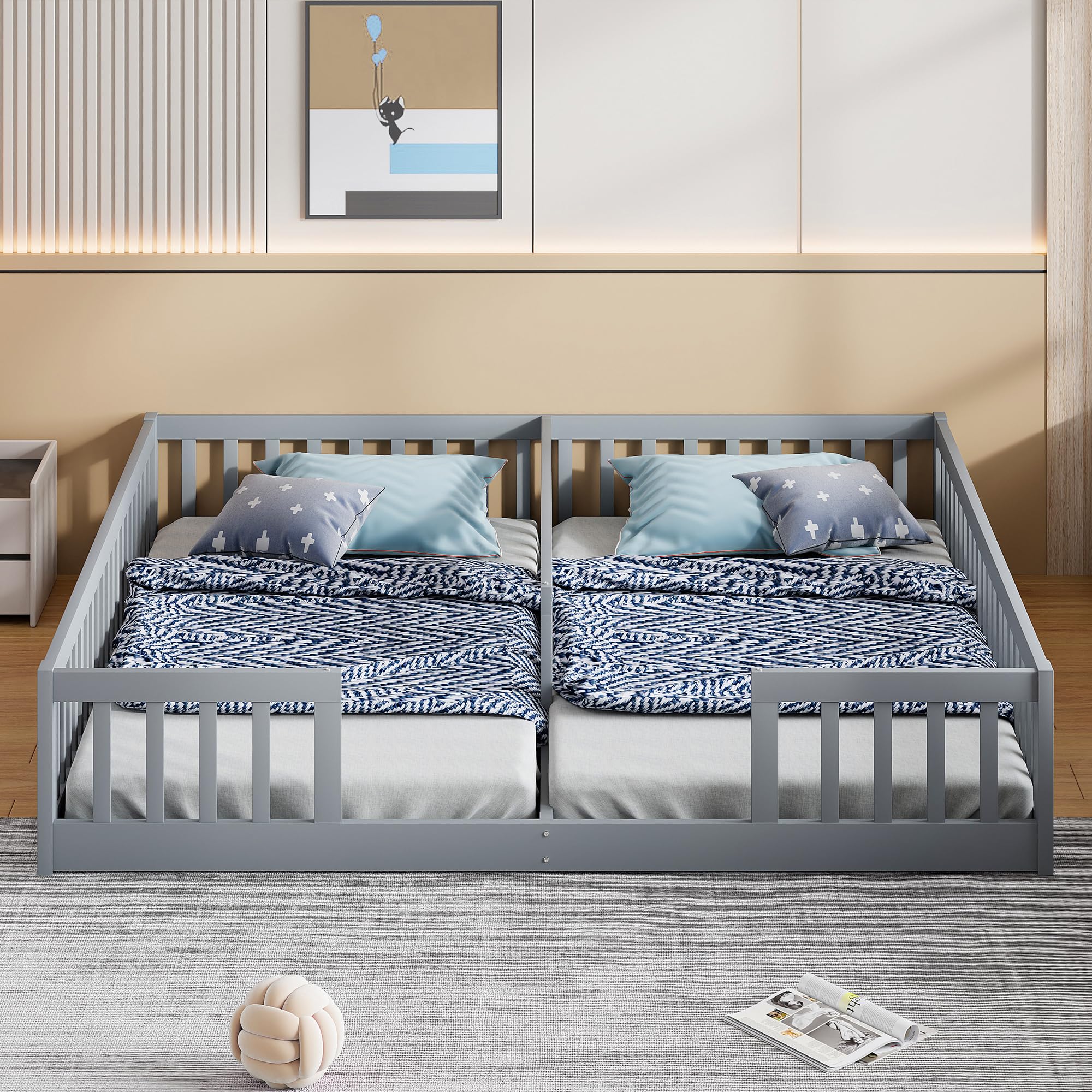 Lettino da pavimento 90 x 200 cm, con rete di sicurezza, in legno di pino, per famiglie con 2 bambini, letto gemellare con rete a doghe, grigio