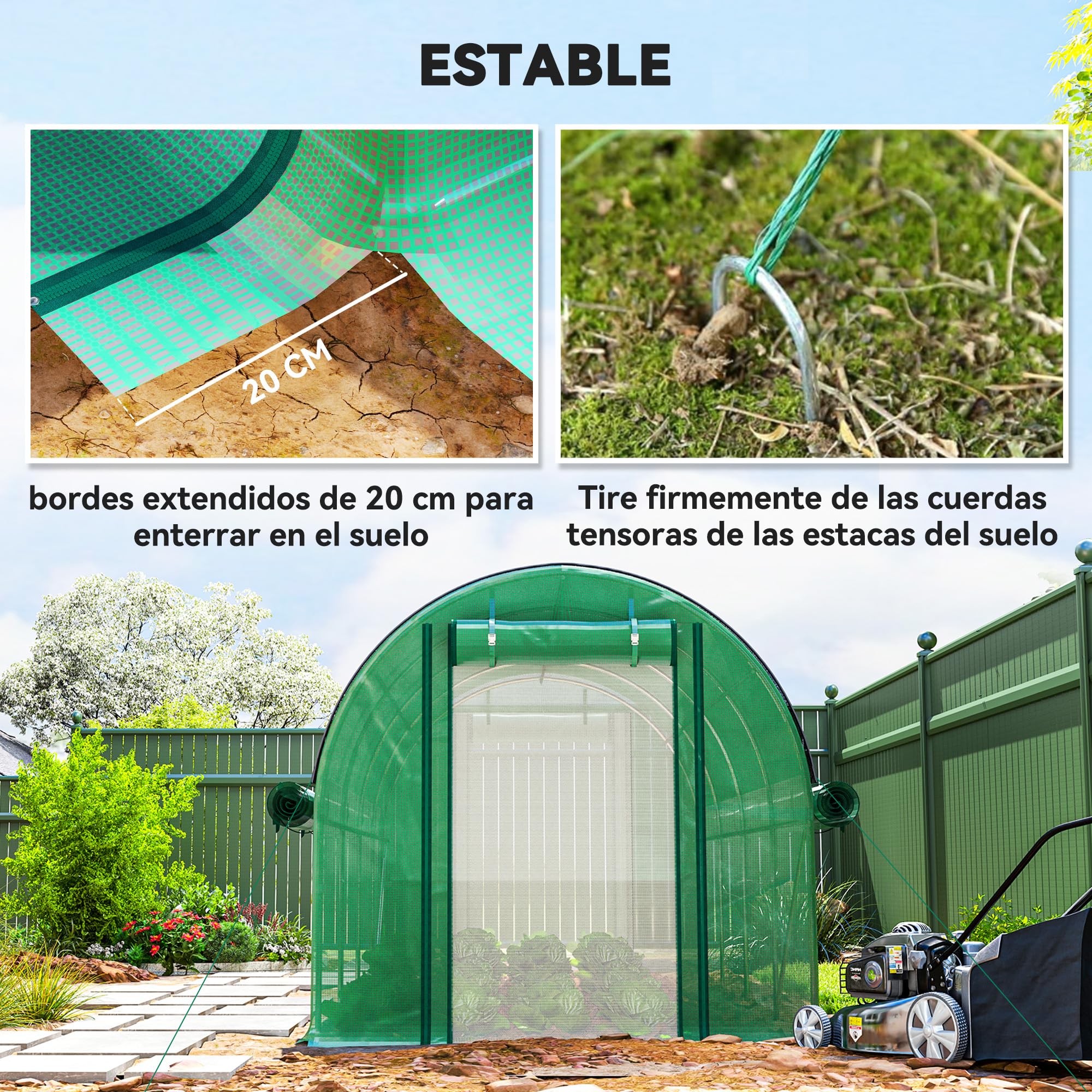 Outsunny Invernadero de Exterior 4,5x2x2 m con Cubierta Extra Túnel Verde | Paredes Laterales Enrollables, 8 Ventanas de Malla, Doble Puerta Enrollable, para Jardín Patio