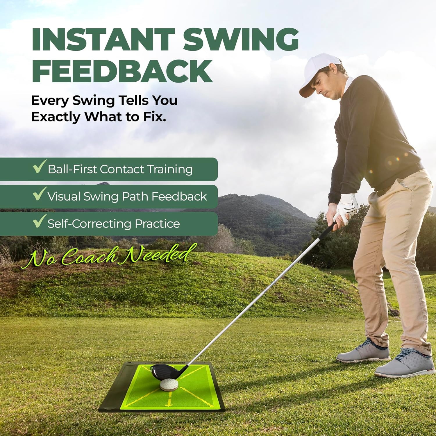 6-in-1 Golf Swing Trainer with Divot Board, Golf Grip Trainer, Alignment Sticks and Training Aid | Golf Accessories for Men & Women | Hitting Mat Practice Indoor & Outdoor