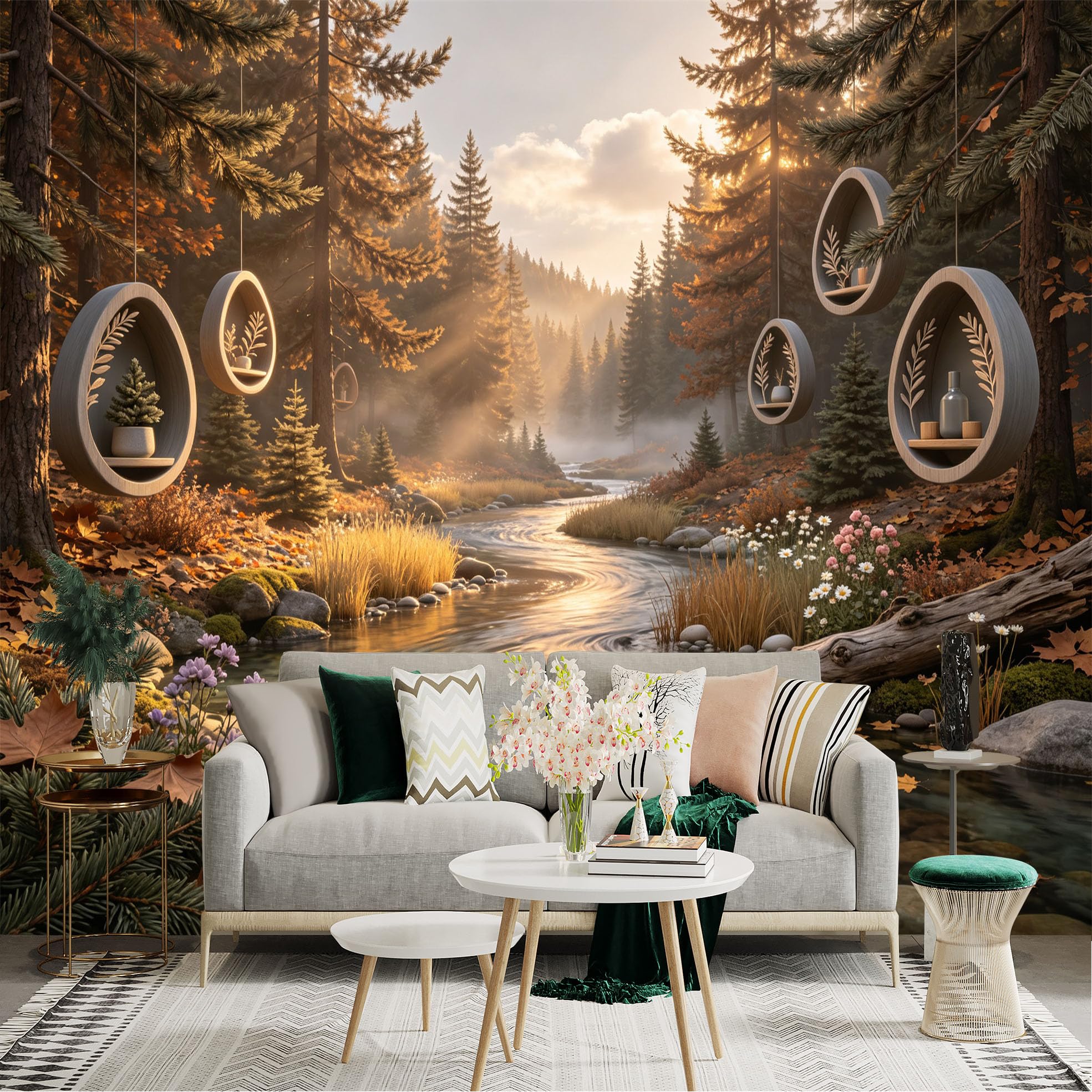 Lnzczhyre Bh260719161 Custom Size Wall Sticker Mural， Misty Forest Landscape， Hanging Circular Shelves， Peaceful River Scenery， Golden Sunlight， For Wall Decoration， Peelandstick Wall Decals.