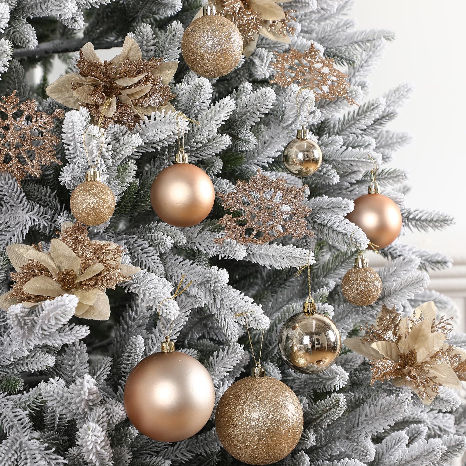 Canlierr Lot de 145 décorations de sapin de Noël avec guirlande lumineuse assorties incassables – Décorations à paillettes, poinsettia, flocons de neige, baies, tiges – Décoration pour sapin de Noël