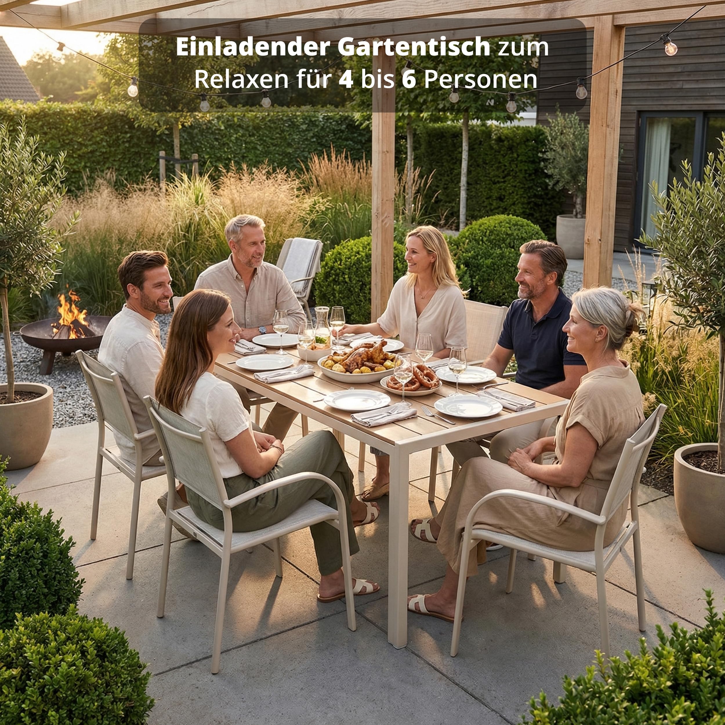 KHG Gartentisch beige, Esstisch Stahl-Gestell und Tischplatte Polywood | in Teak-Optik für 6 Personen, wetterfest UV-beständig, 83x75x140 cm, für Wohnraum und Alltag, praktisch für Zuhause