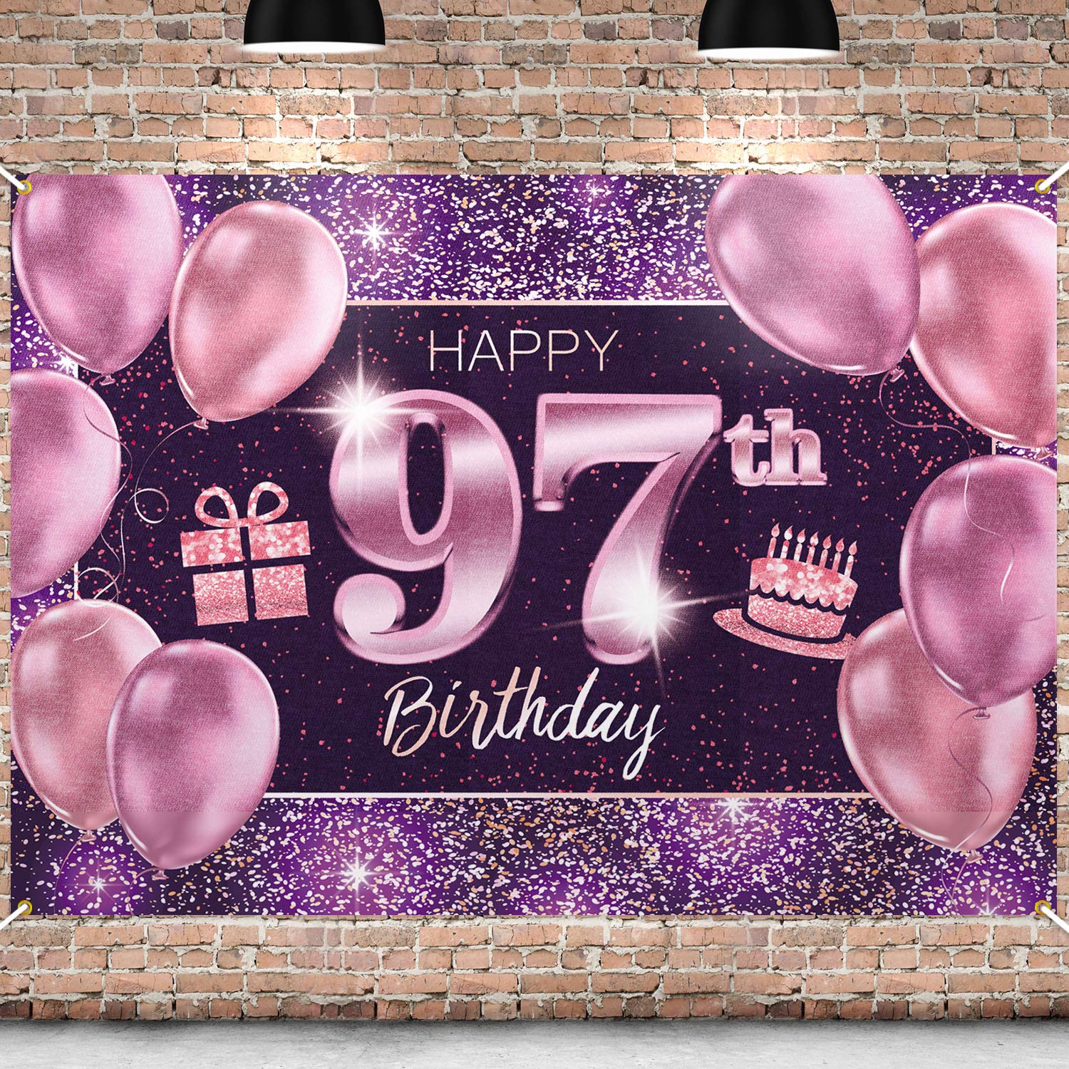 PAKBOOM Happy 97th Birthday Banner Backdrop - 97 Birthday Party Decorations Supplies for Women - Pink Purple Gold 4 x 6ft