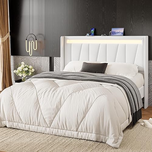 SHA CERLIN Base de cama de tamaño matrimonial con estación de carga y luces LED, cama moderna de plataforma de terciopelo con cabecera tapizada