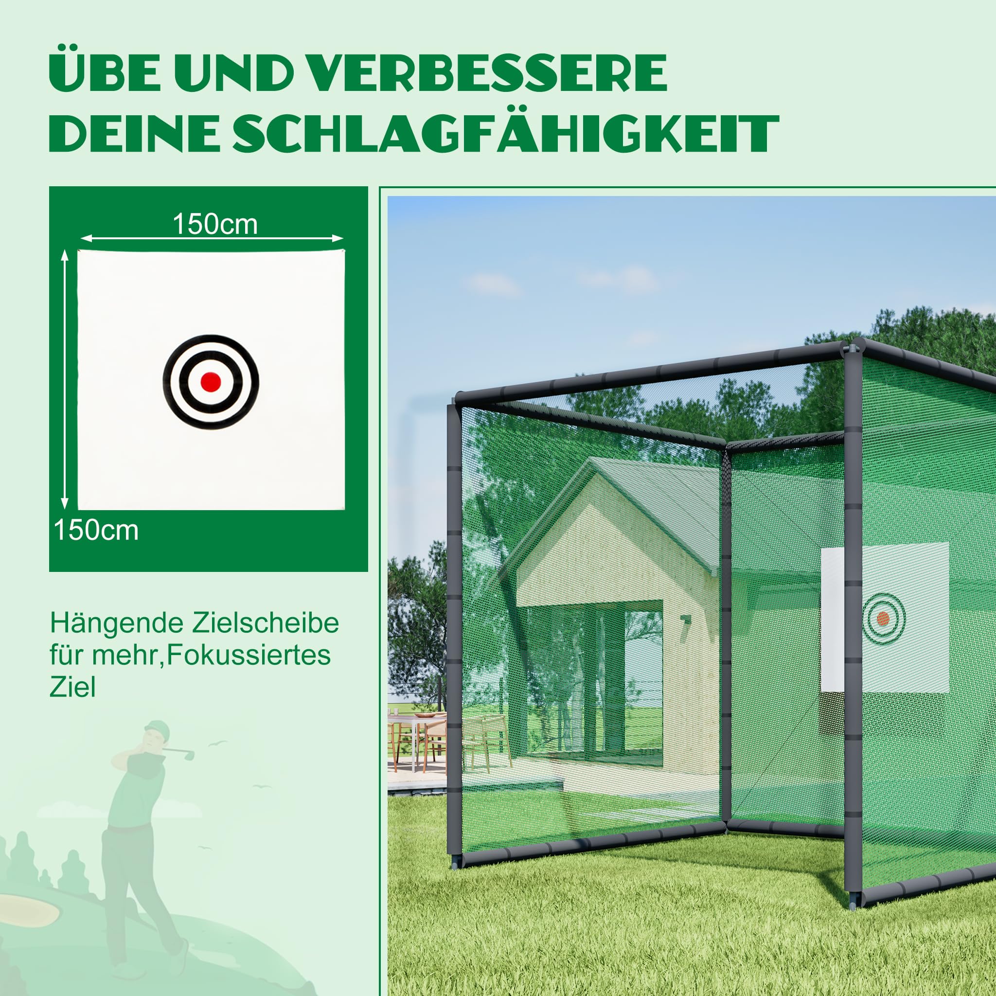 Thanaddo Golfkäfignetz 3m Freistehend Übungskäfignetz, Golfnetz Übunskäfig mit Ziel-Tuch und Übungsmattte